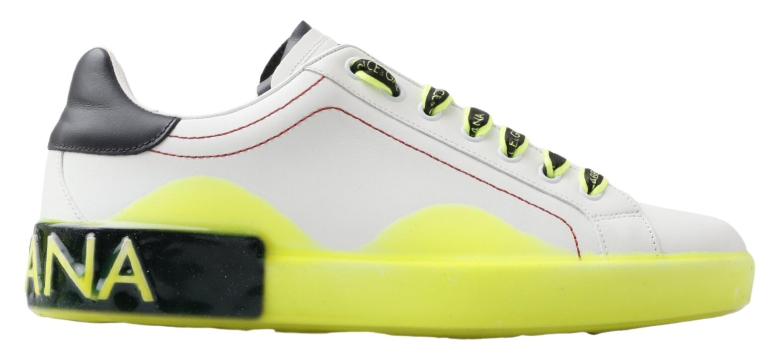 Dolce & Gabbana - White Yellow Portofino Leather Sneakers Shoes