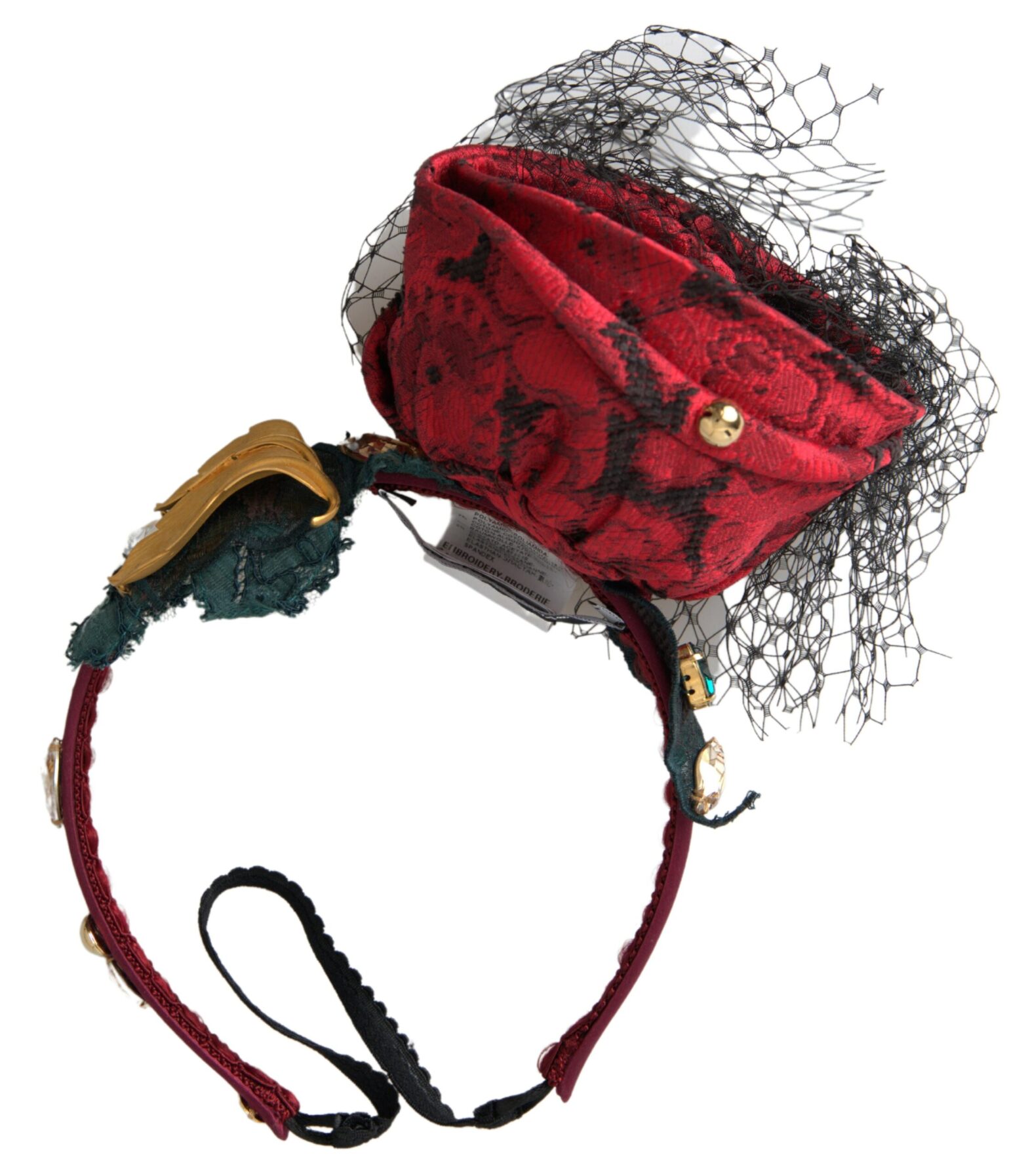 Dolce & Gabbana - Red with multicolor Rose Silk Crystal Netted Logo Diadem Headband