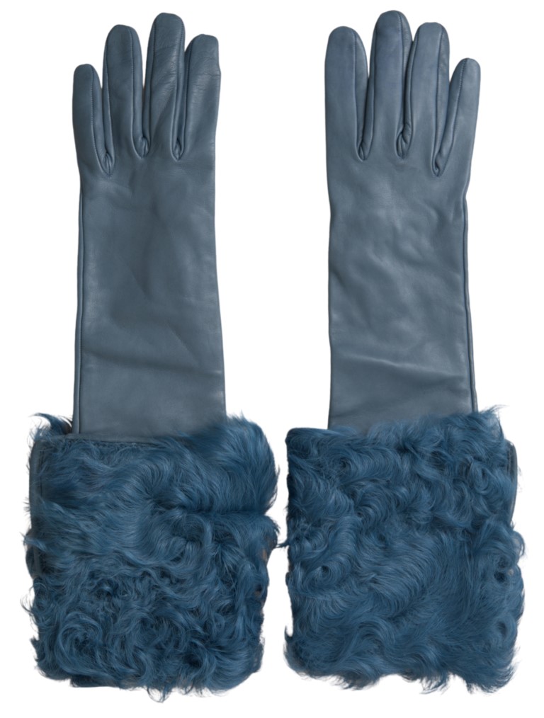Dolce & Gabbana - Blue Leather Fur Mid Arm Length Gloves