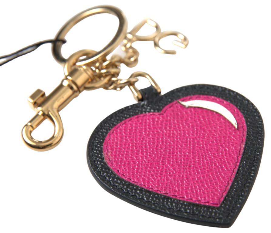 Dolce & Gabbana - Black Fuchsia Heart Leather Gold Metal Keyring Keychain