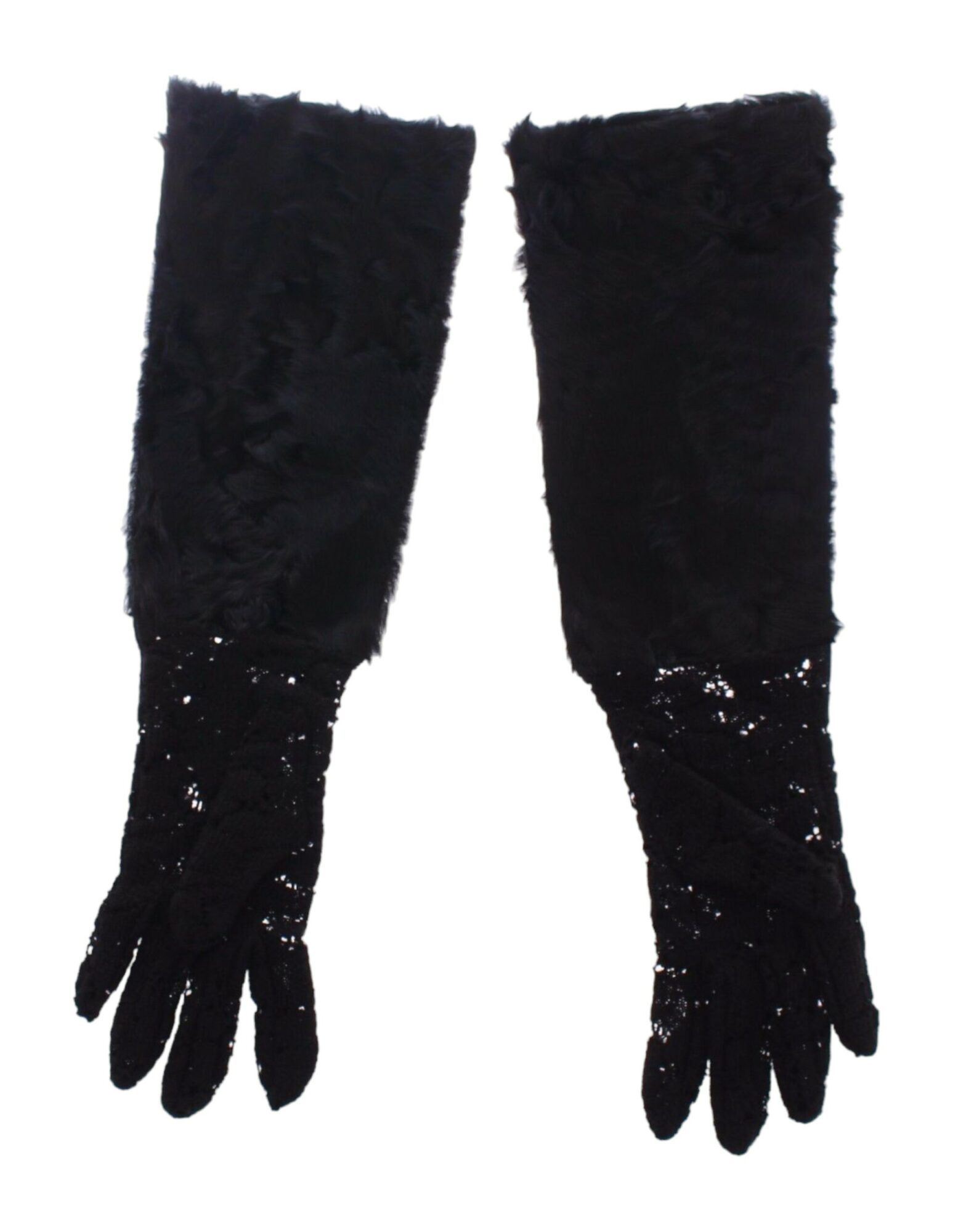 Dolce & Gabbana - Black Lace Wool Lambskin Fur Elbow Gloves