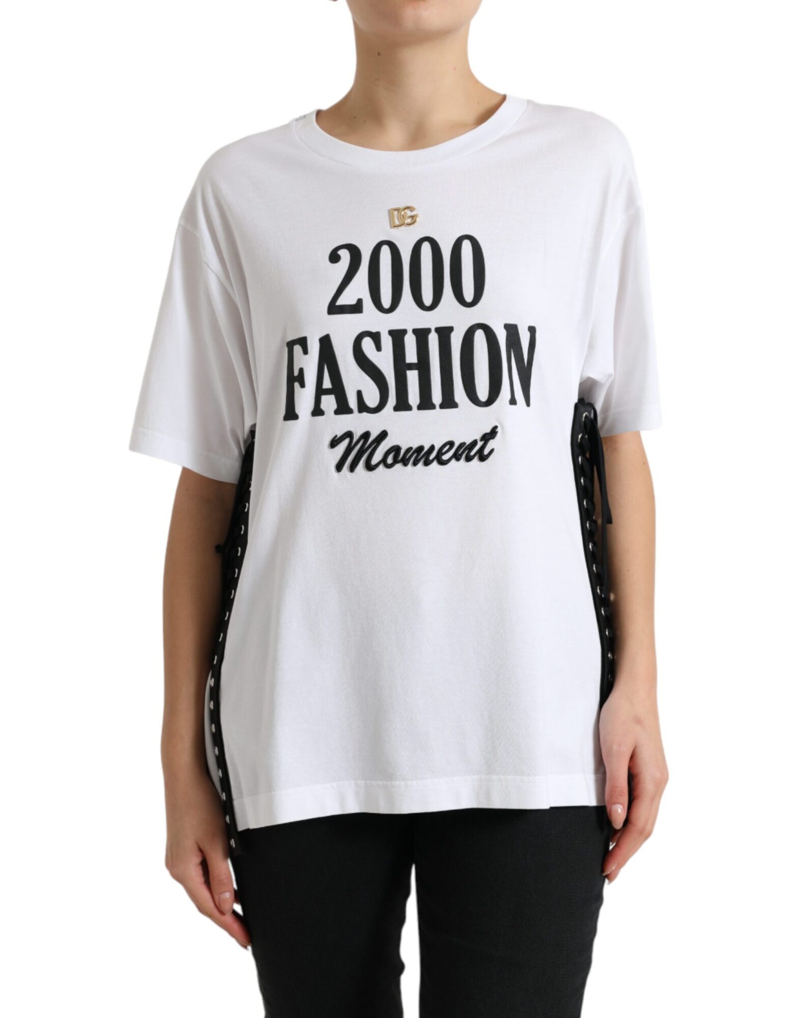 Dolce & Gabbana - White Slogan Print Lacing Detailed T-shirt