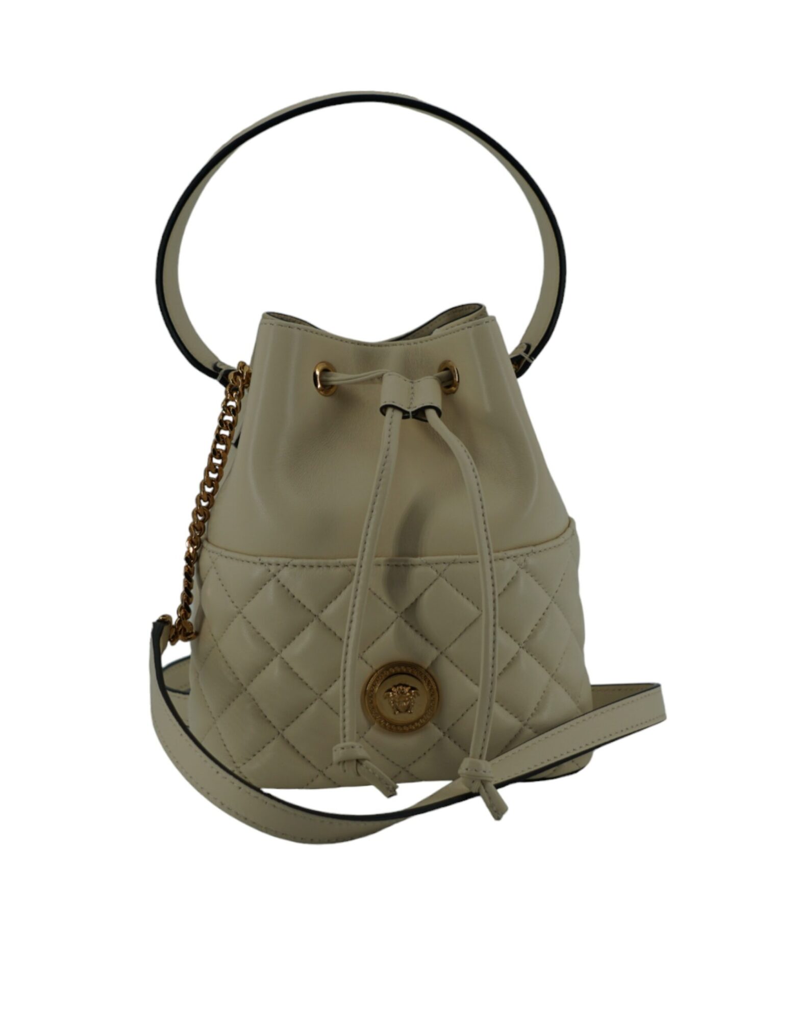 Versace - Elegant Small White Leather Bucket Shoulder Bag