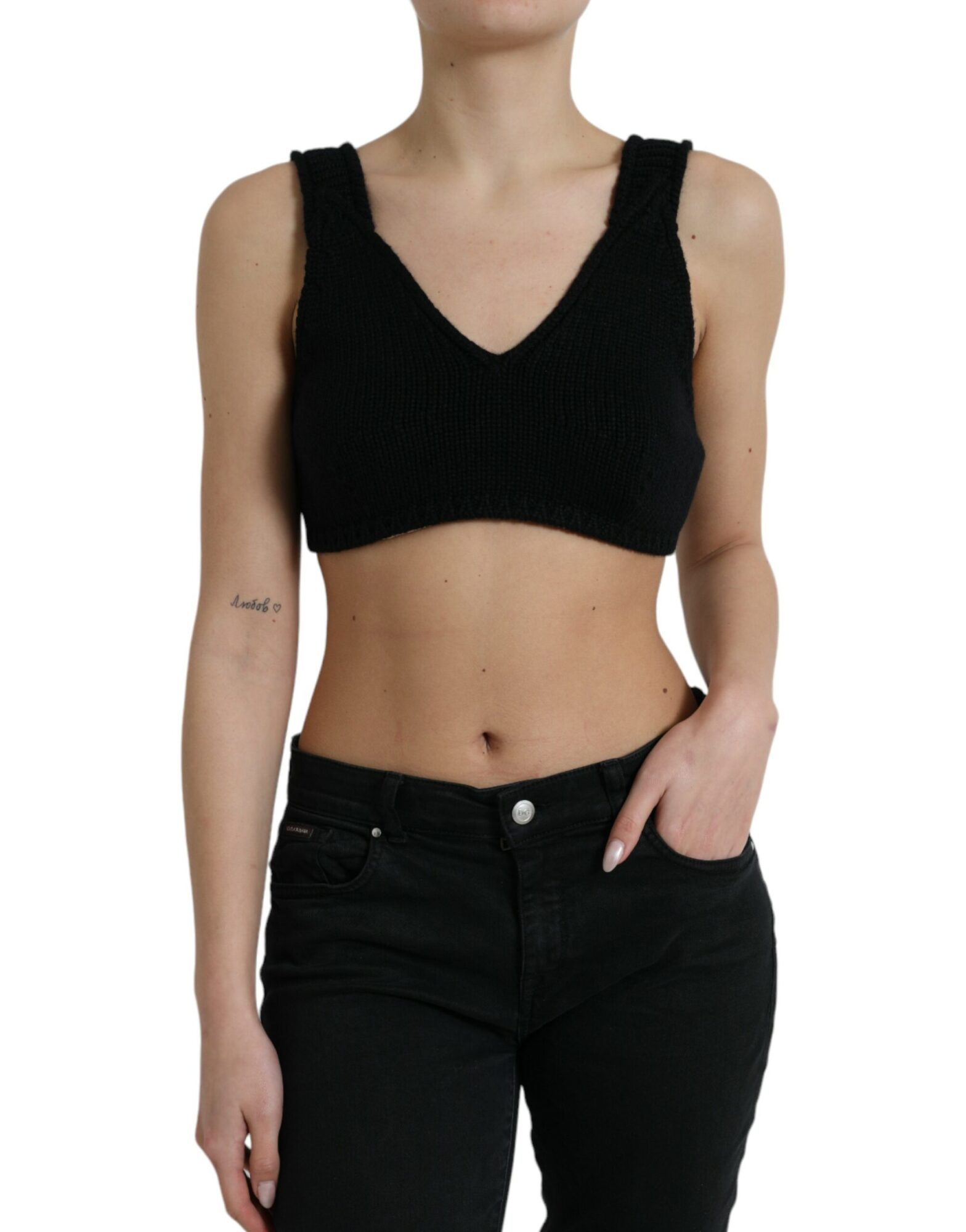 Dolce & Gabbana - Black Cropped Cashmere V-neck Bustier Top