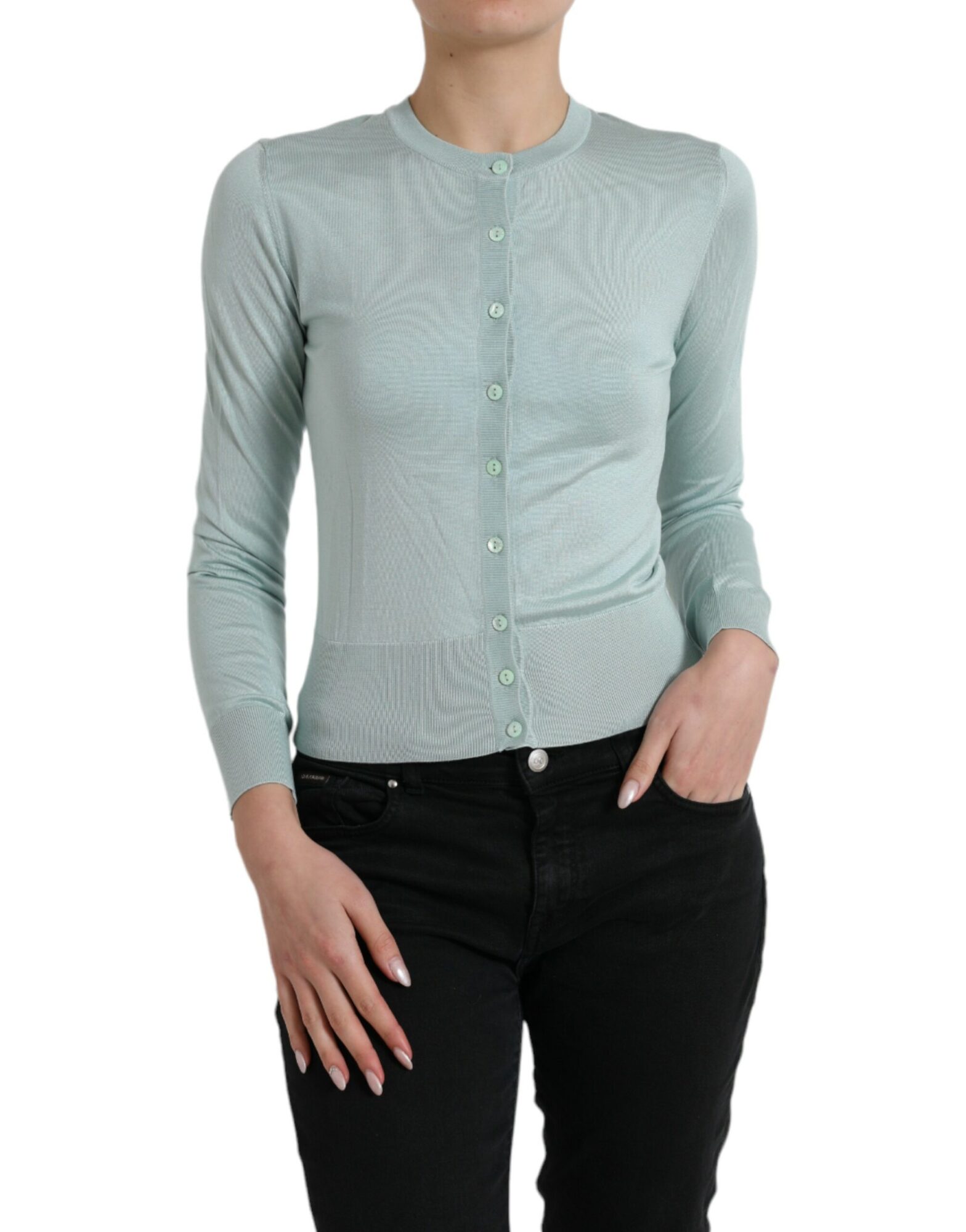 Dolce & Gabbana - Light Blue Silk Crew Neck Cardigan Sweater