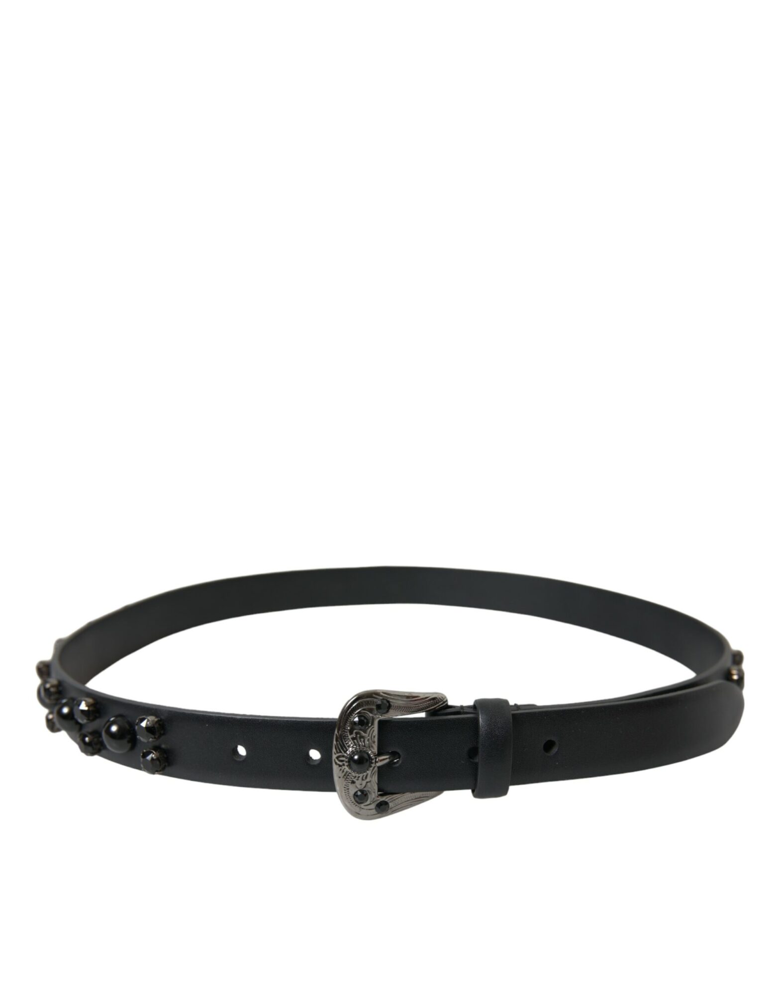 Dolce & Gabbana - Black Embellished Leather Engraved Buckle Belt