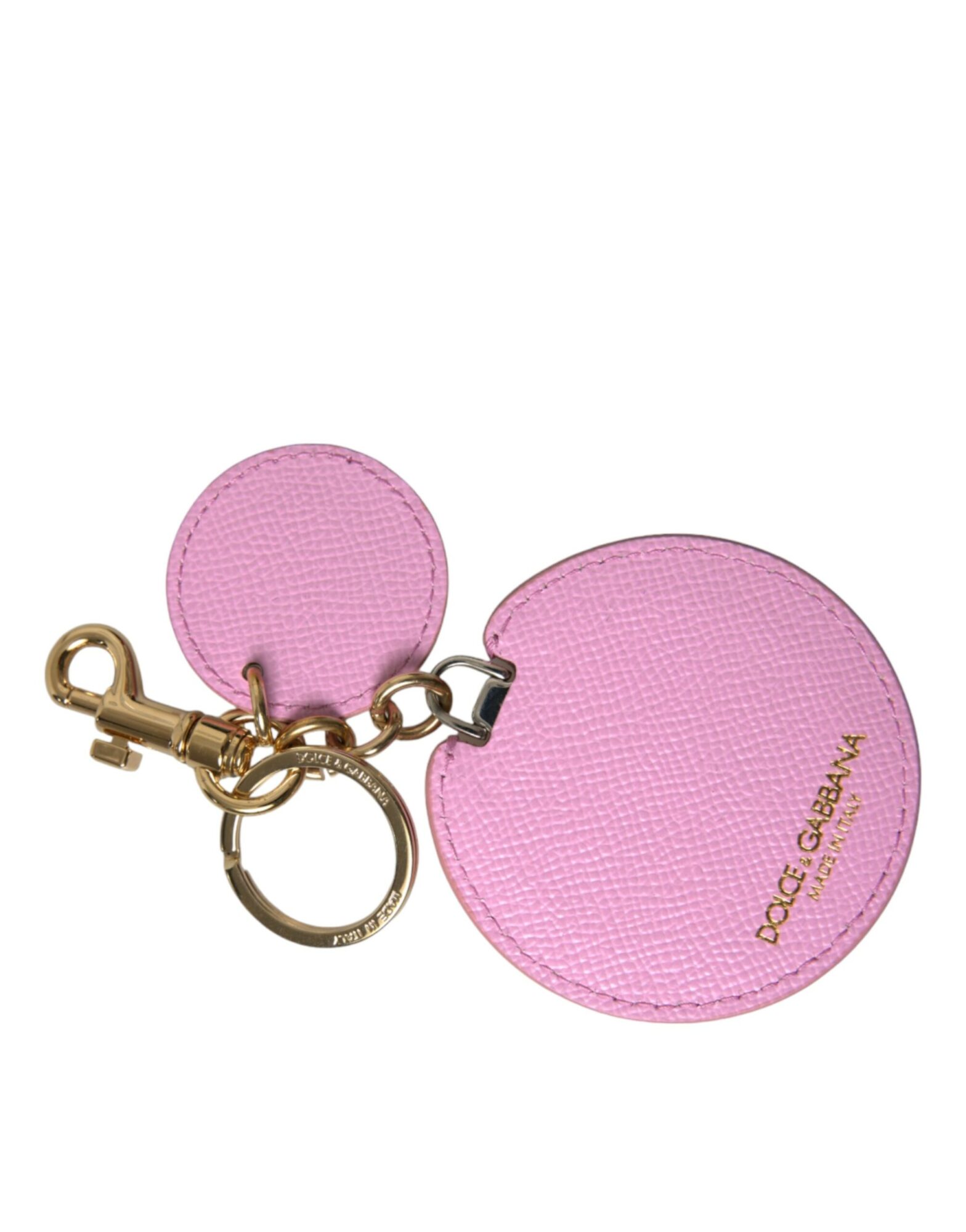 Dolce & Gabbana - Pink Calf Leather Gold Metal Logo Print Keyring Keychain