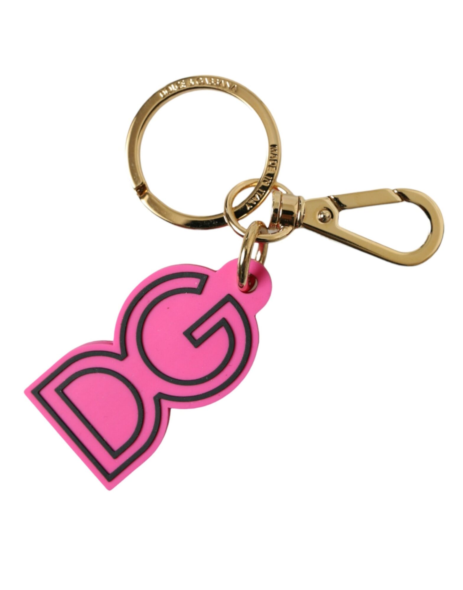 Dolce & Gabbana - Pink Rubber Gold Tone Metal DG Logo Keyring Keychain