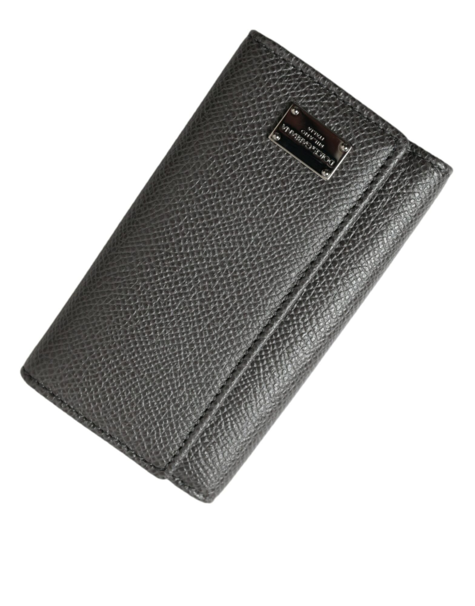 Dolce & Gabbana - Gray Leather Silver Metal Logo Plaque Trifold Keyring
