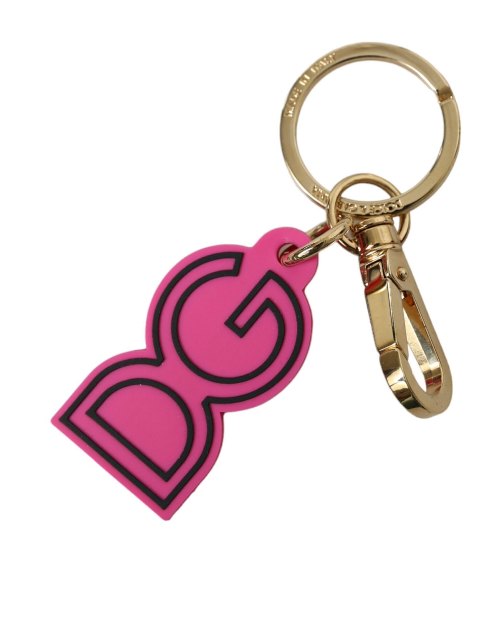 Dolce & Gabbana - Pink Rubber Gold Tone Metal DG Logo Keyring Keychain