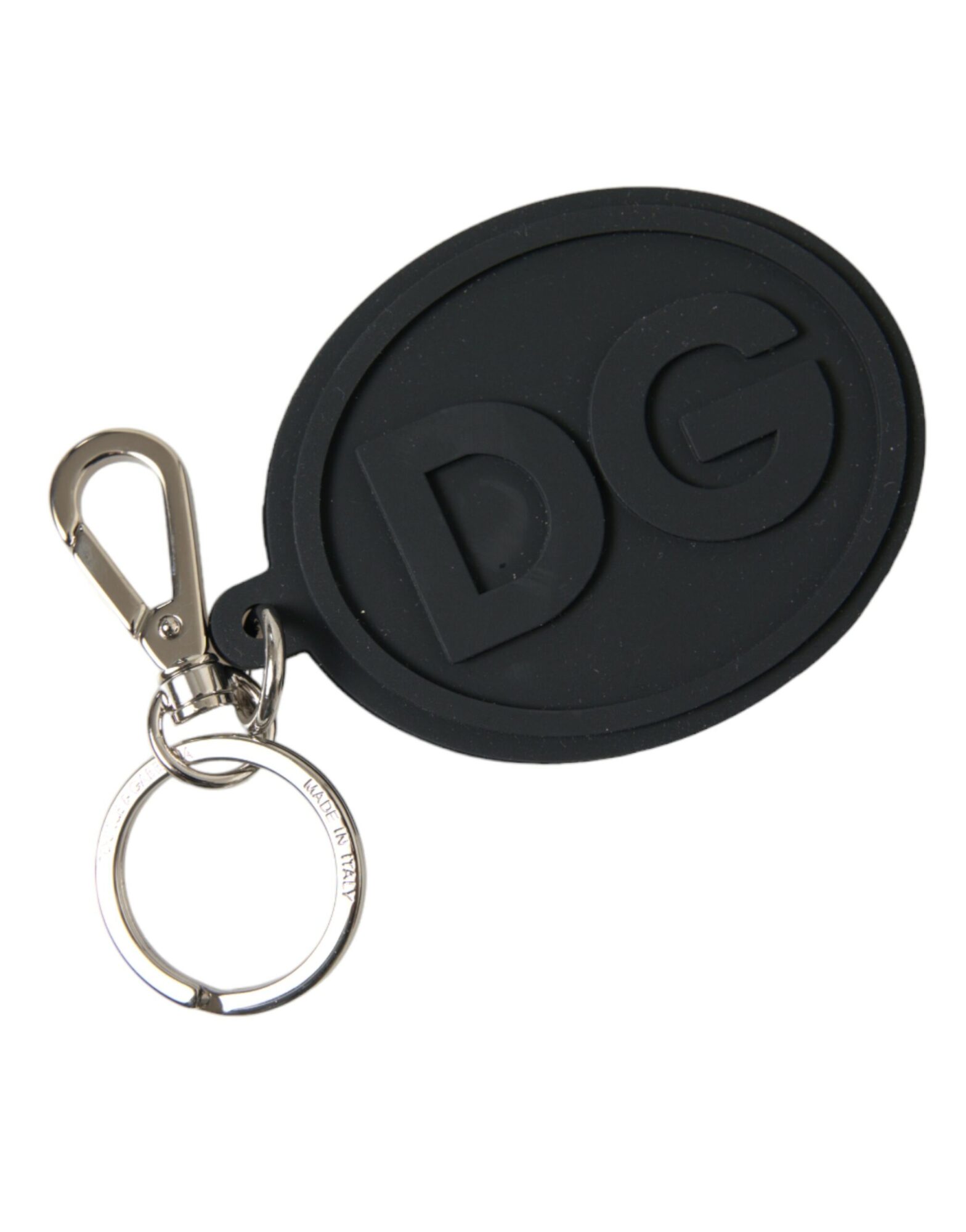 Dolce & Gabbana - Black Rubber DG Logo Silver Brass Metal Keyring Keychain