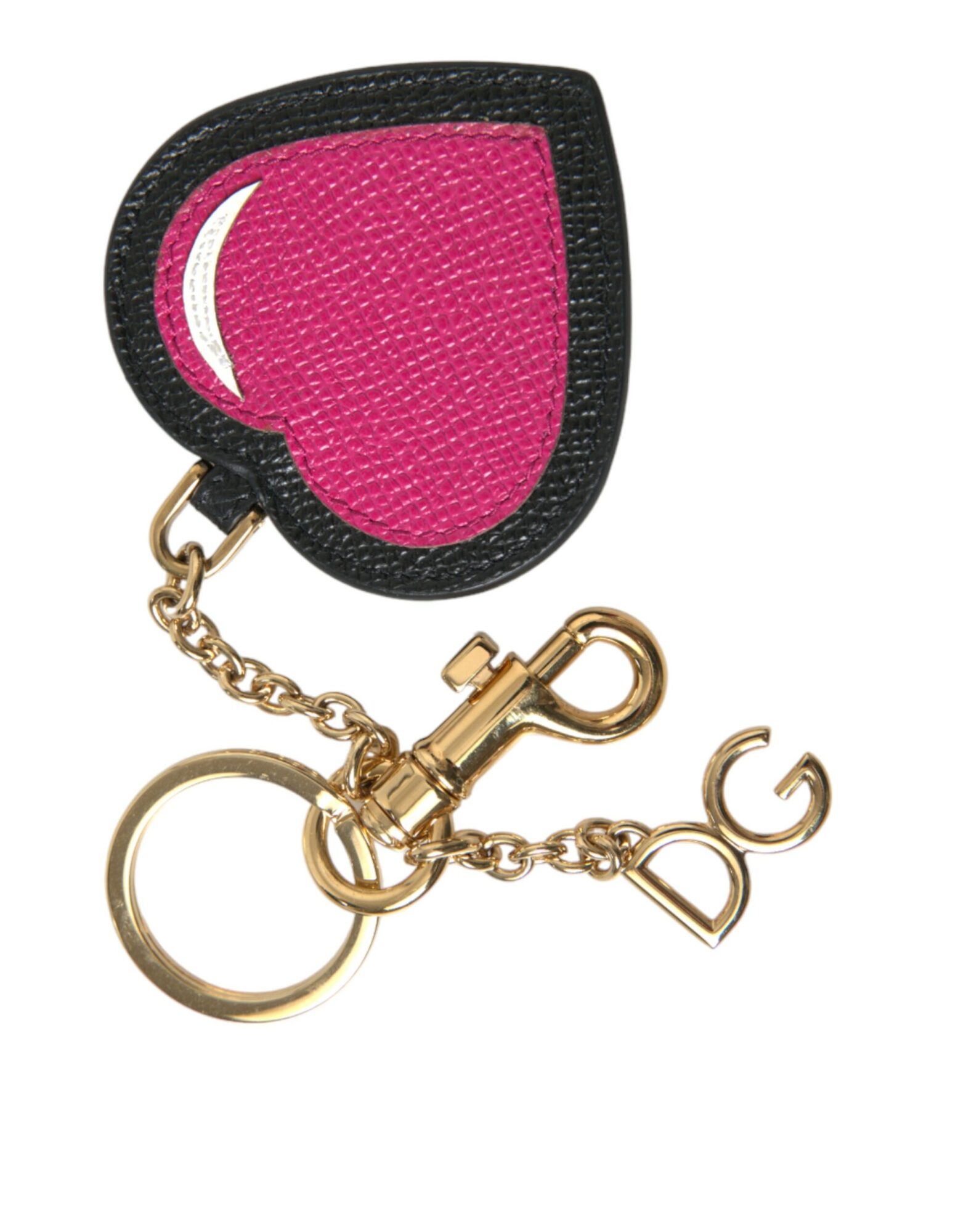 Dolce & Gabbana - Pink Black Heart Leather Gold Tone Brass Keyring Keychain