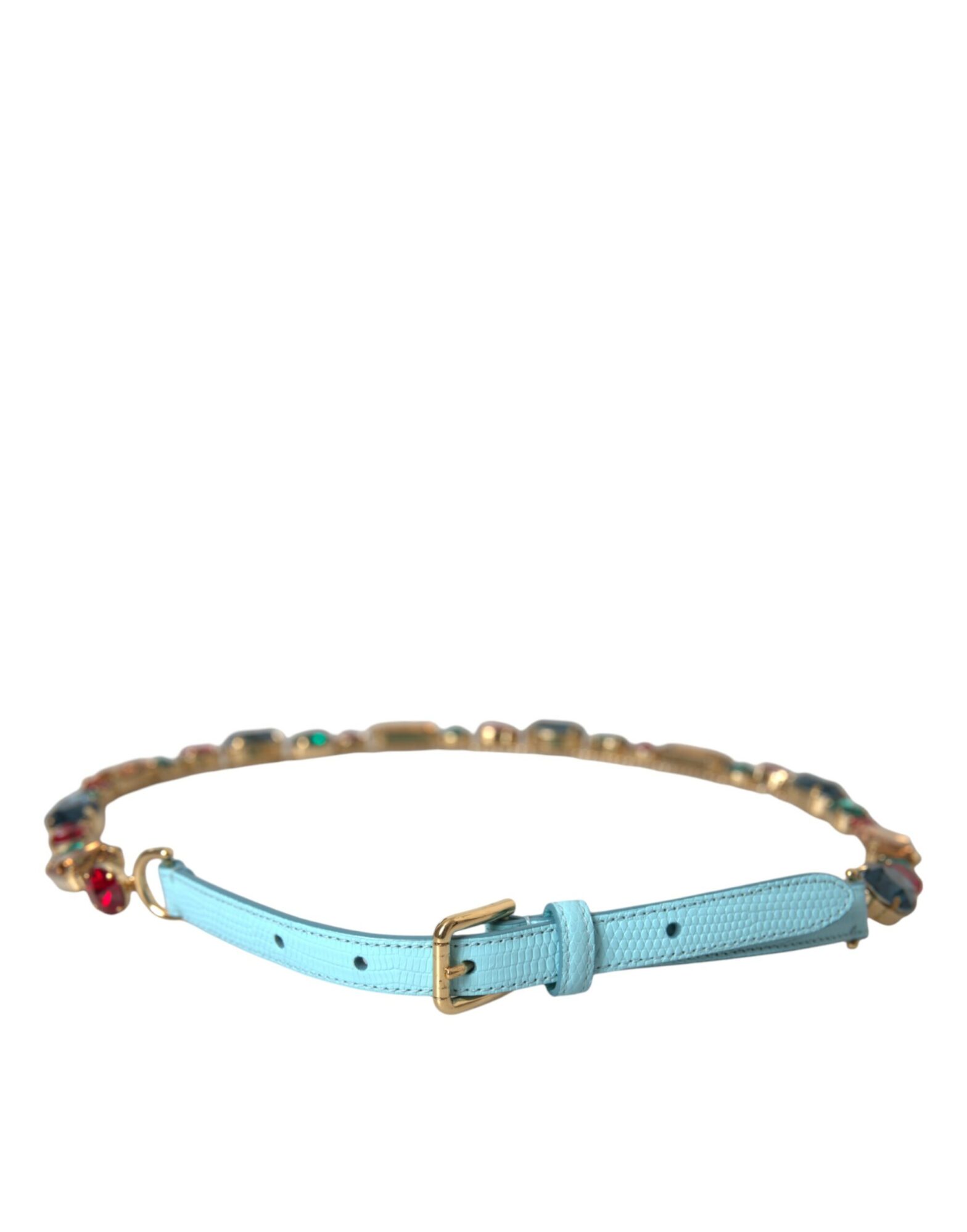 Dolce & Gabbana - Light Blue Leather Crystal Chain Waist Belt