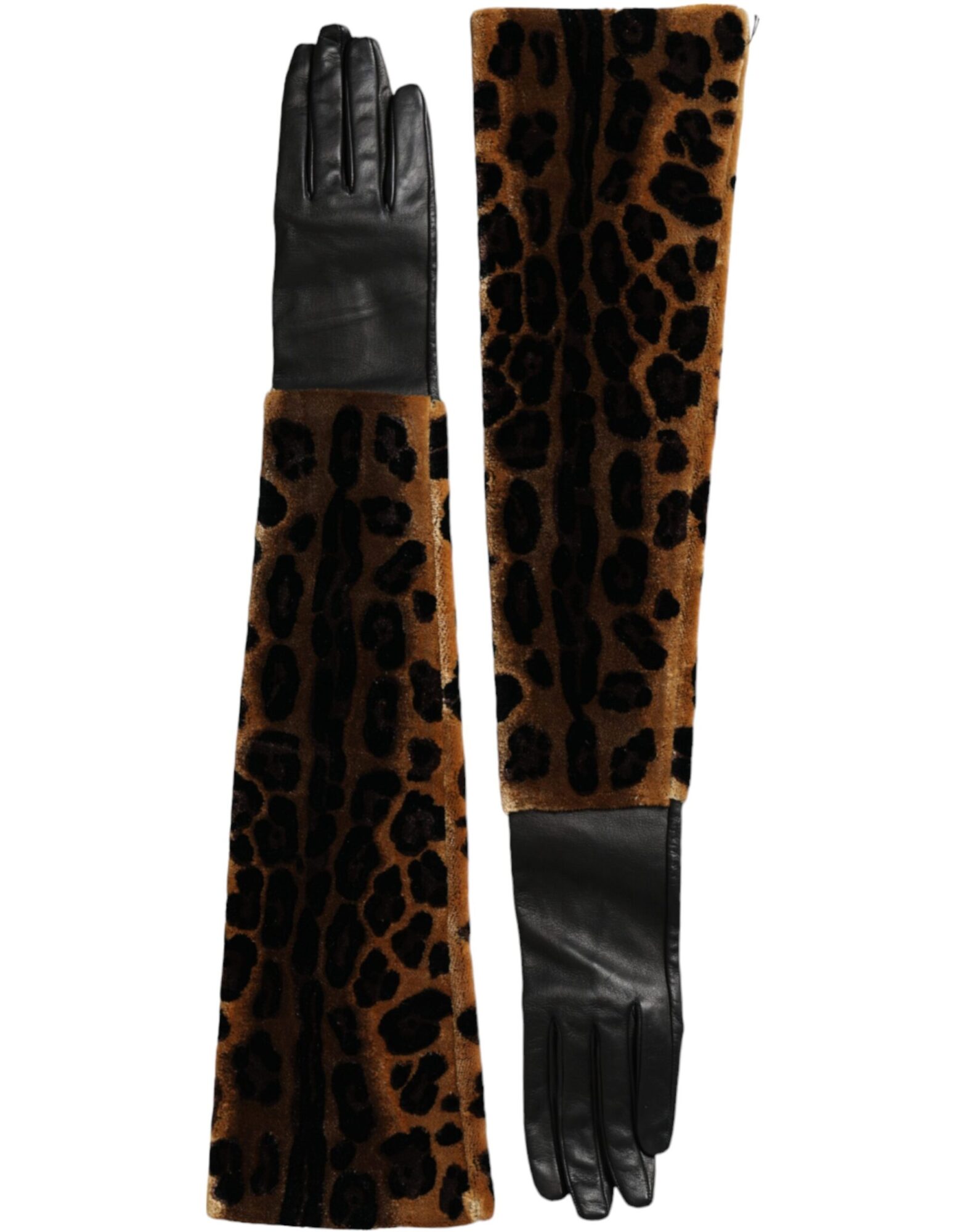 Dolce & Gabbana - Brown Black Leopard Leather Elbow Length Gloves