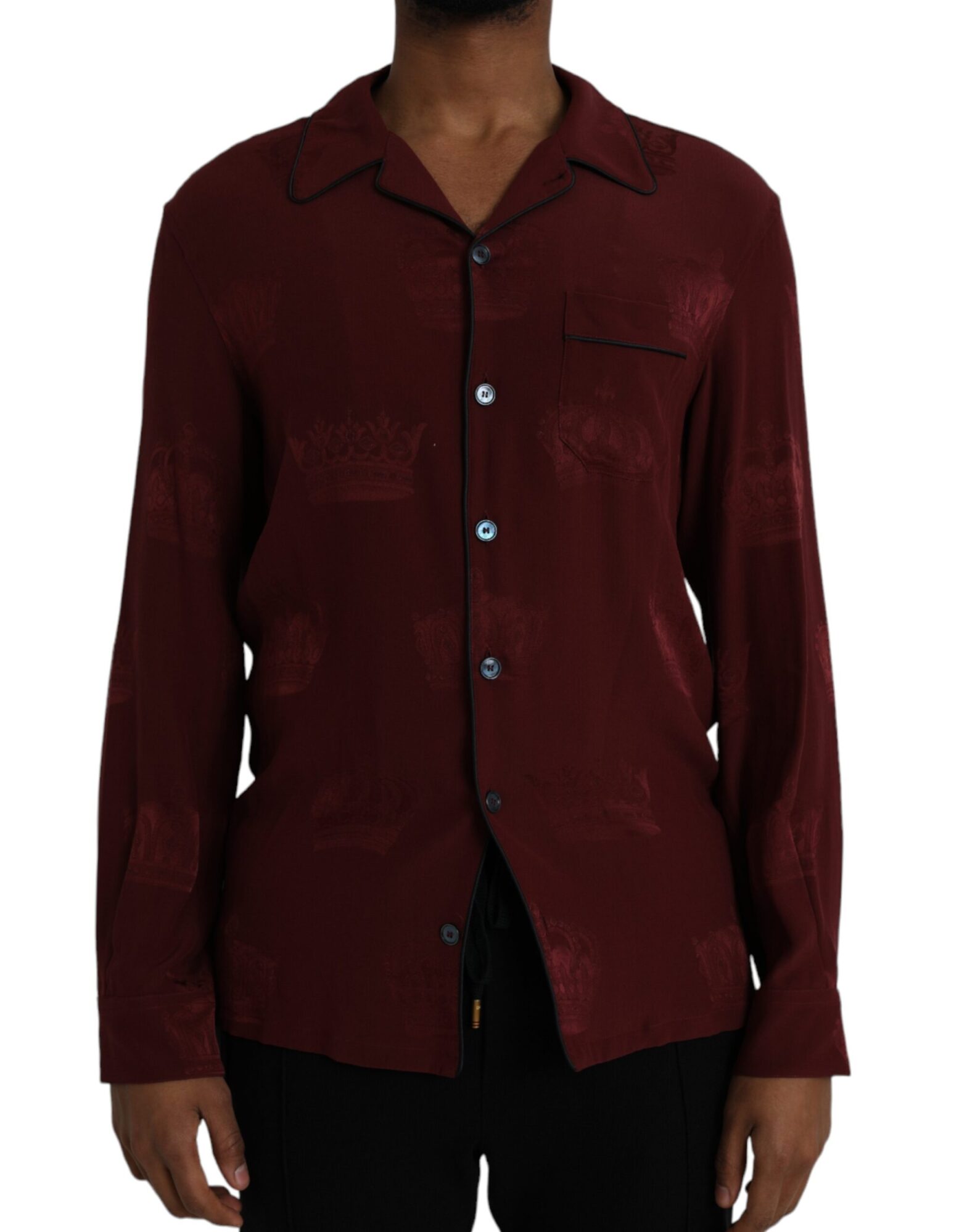 Dolce & Gabbana - Maroon Crown Jacquard Silk Long Sleeve Shirt