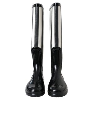 Black Rubber Knee High Flat Boots Shoes
