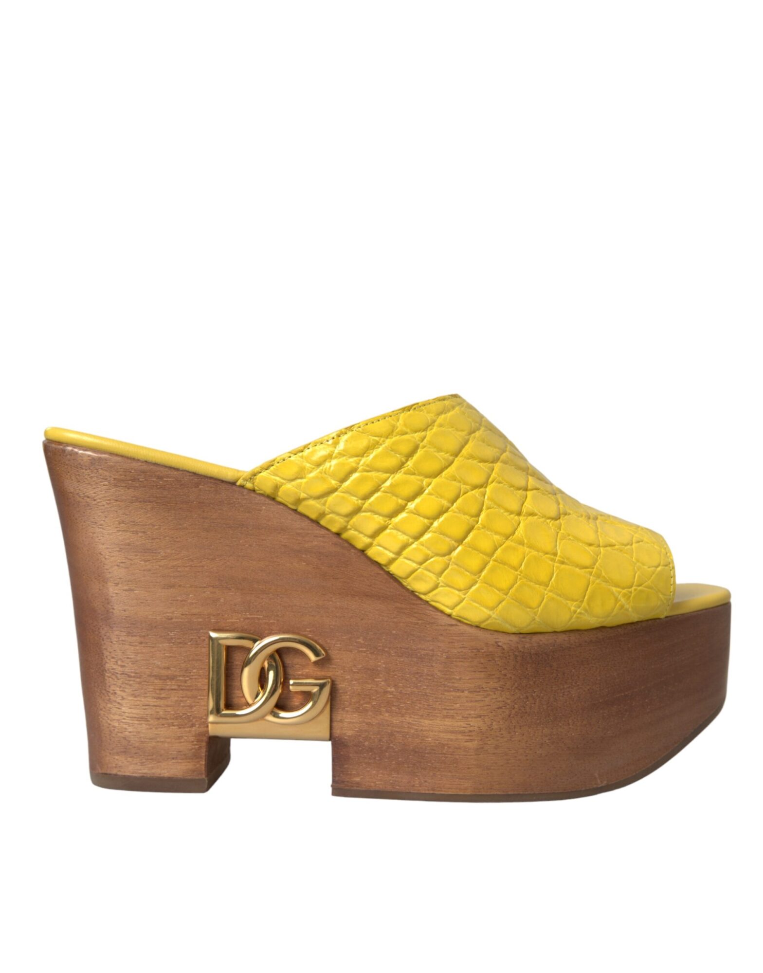 Dolce & Gabbana - Yellow Leather Wood Mule Wedge Slides Shoes