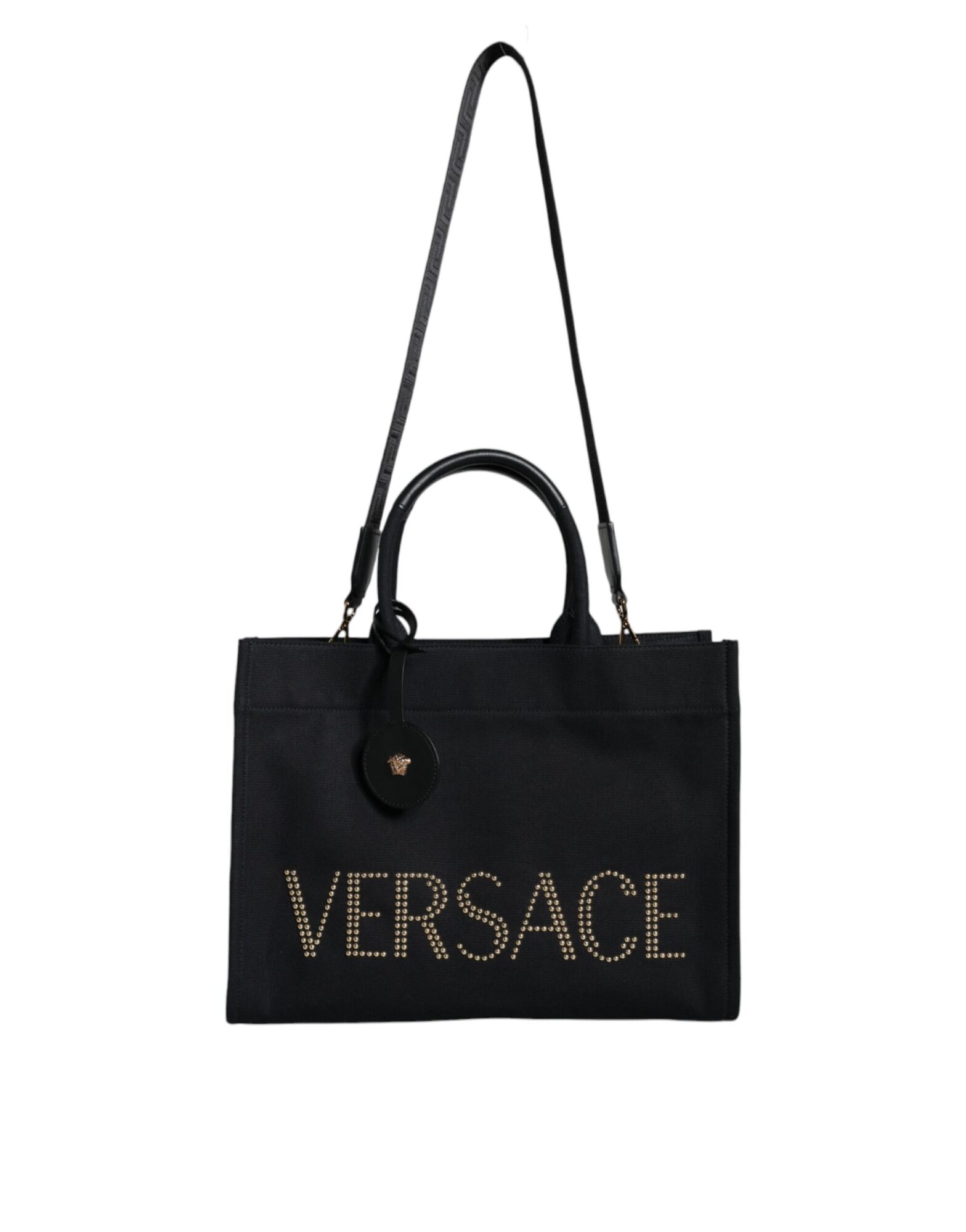 Versace - Black Top Handle Canvas Leather Logo Crossbody Tote Bag