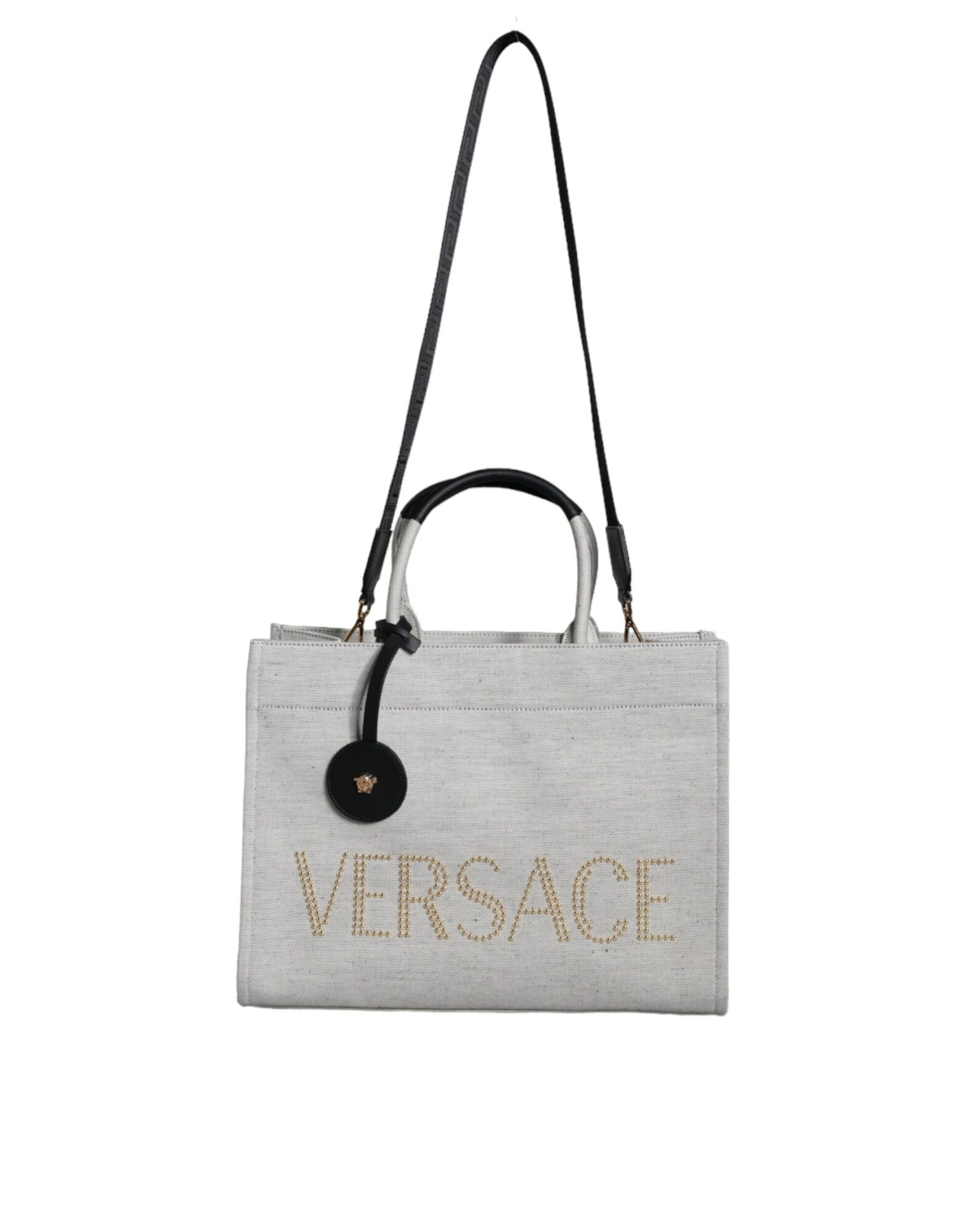 Versace - White Top Handle Canvas Leather Logo Crossbody Tote Bag