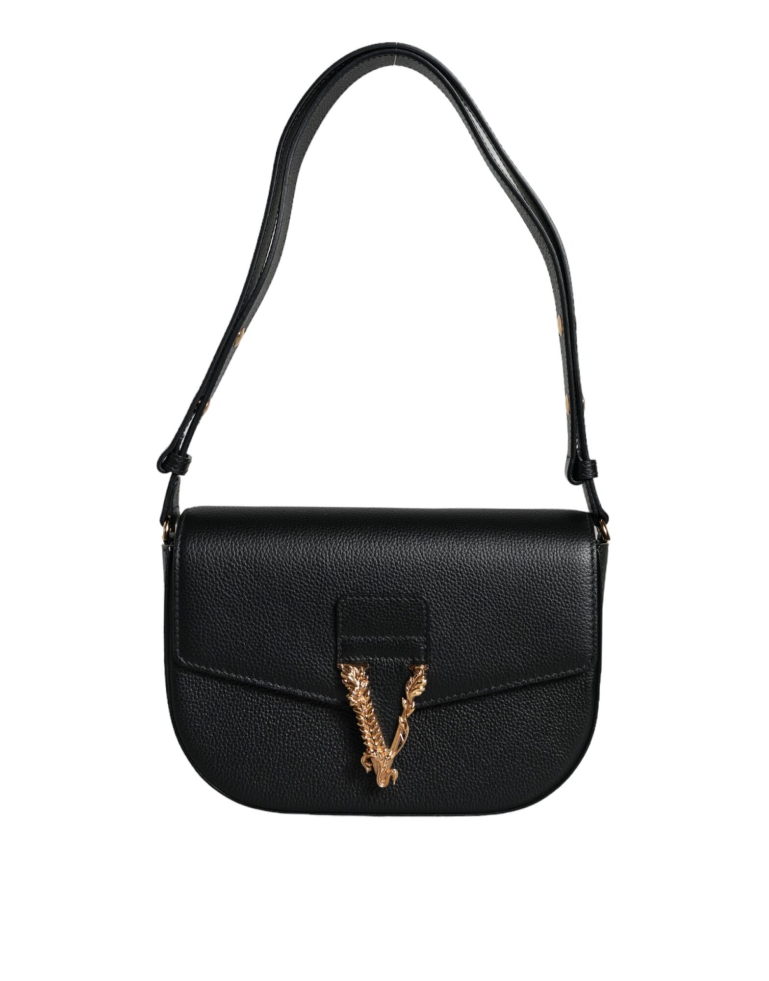 Versace - Black Grainy Calf Leather Logo Crossbody Shoulder Bag