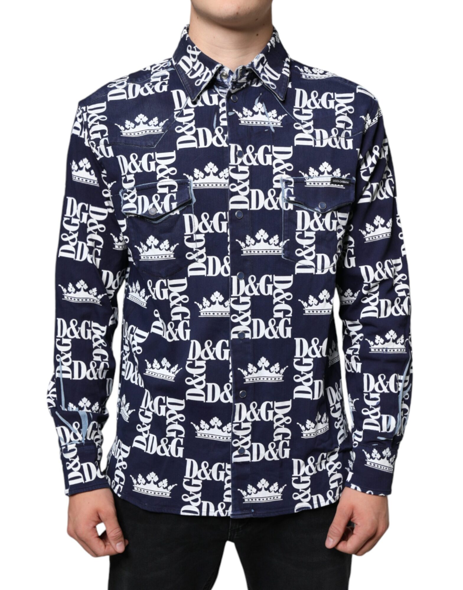 Dolce & Gabbana - Blue Crown Logo Print Slim Fit Cotton Shirt