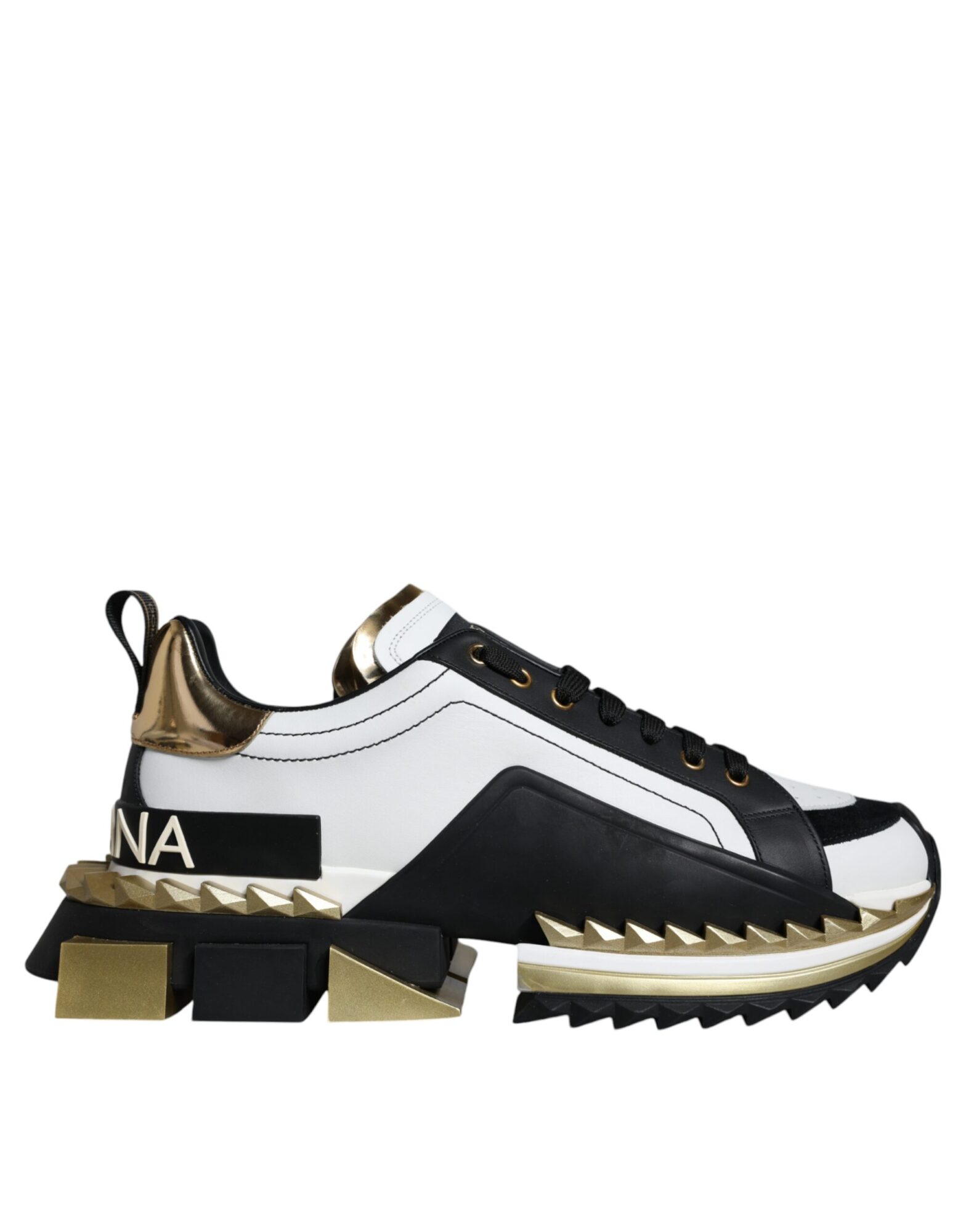 Dolce & Gabbana - White Gold Black Leather SUPER KING Sneakers Shoes