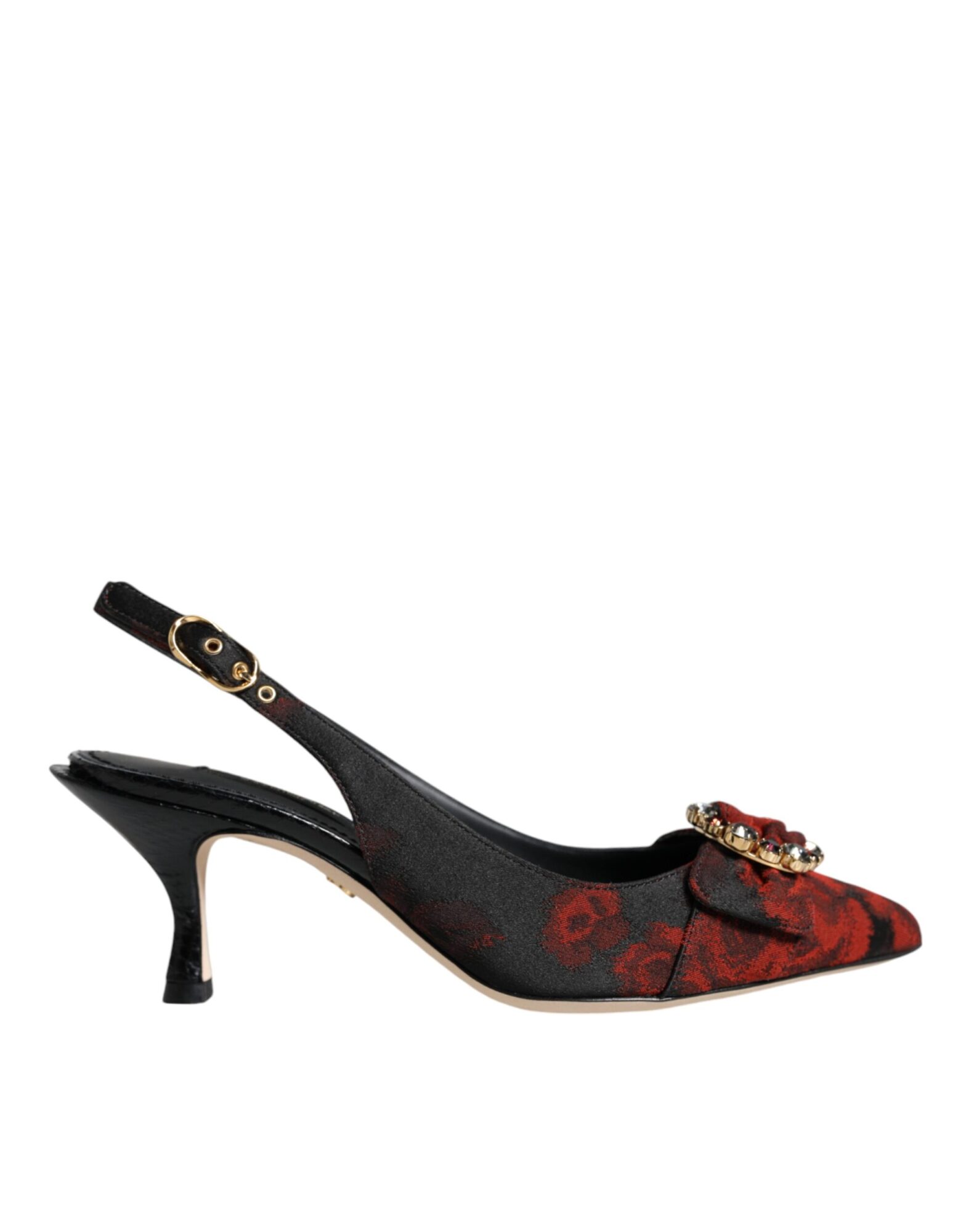 Dolce & Gabbana - Black Red Floral Crystal Heel Slingback Shoes