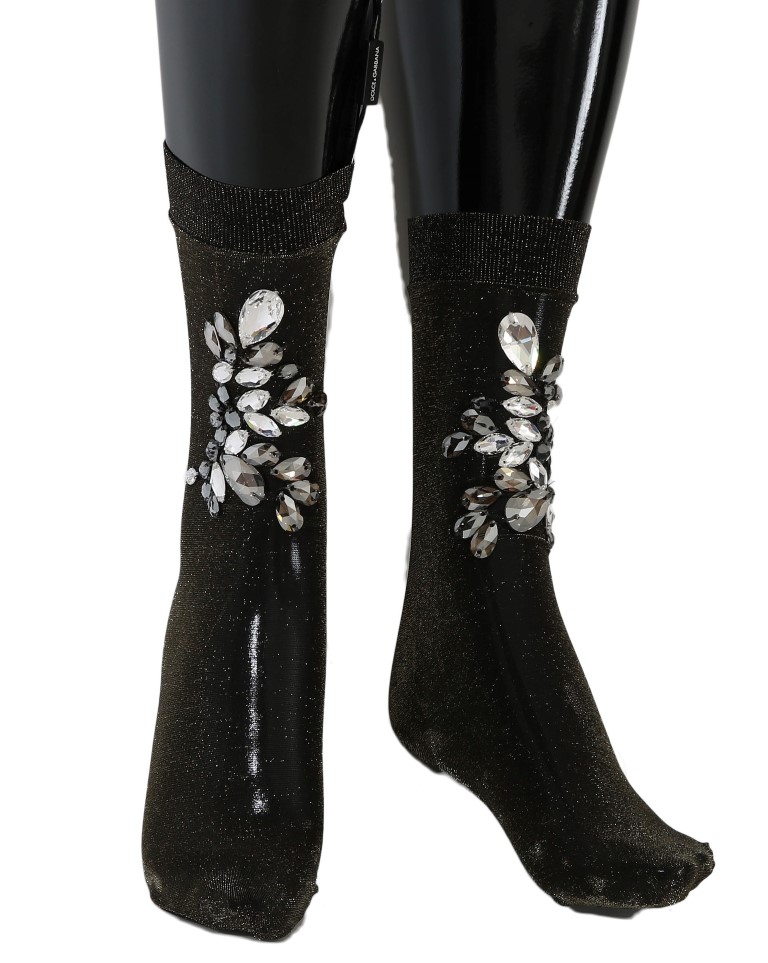 Dolce & Gabbana - Black Stretch Floral Clear Crystal Socks