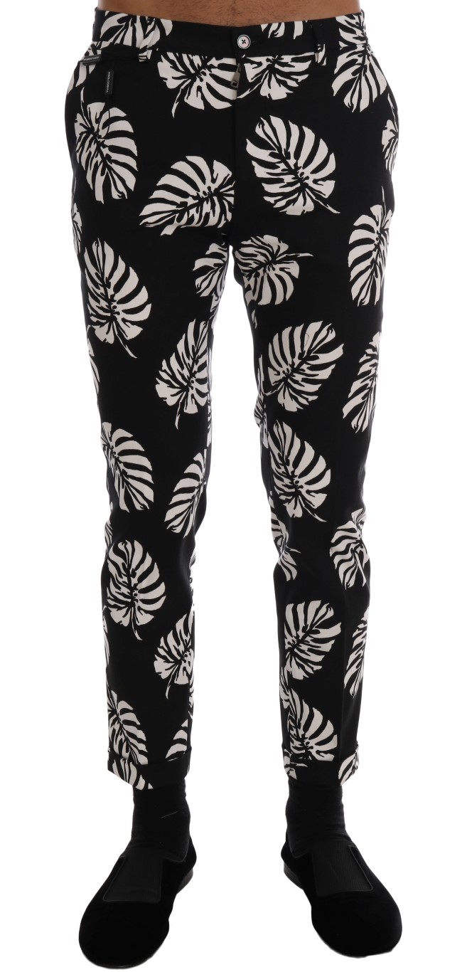Dolce & Gabbana - White Black Leaf Cotton Stretch Slim Pants