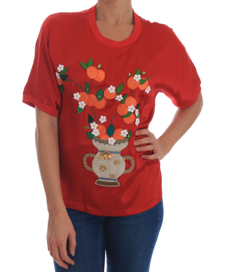 Dolce & Gabbana - Red Silk Oranges Floral Crystal Blouse