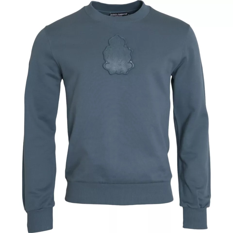 Dolce & Gabbana - Blue Cotton Logo Patch Crew Neck Men Pullover Sweater