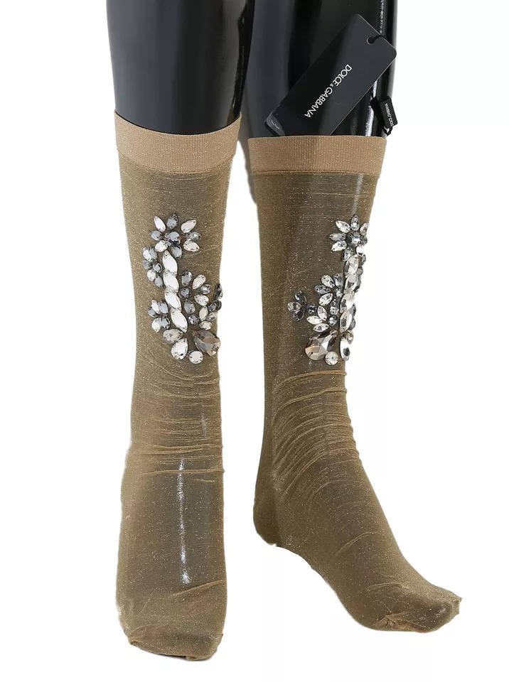 Dolce & Gabbana - Gold Stretch Floral Clear Crystal Stocking Socks