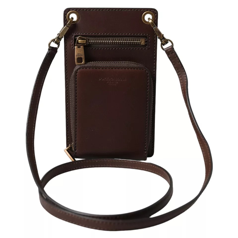 Dolce & Gabbana - Brown Calf Leather Zip Logo Shoulder Neck Strap Wallet
