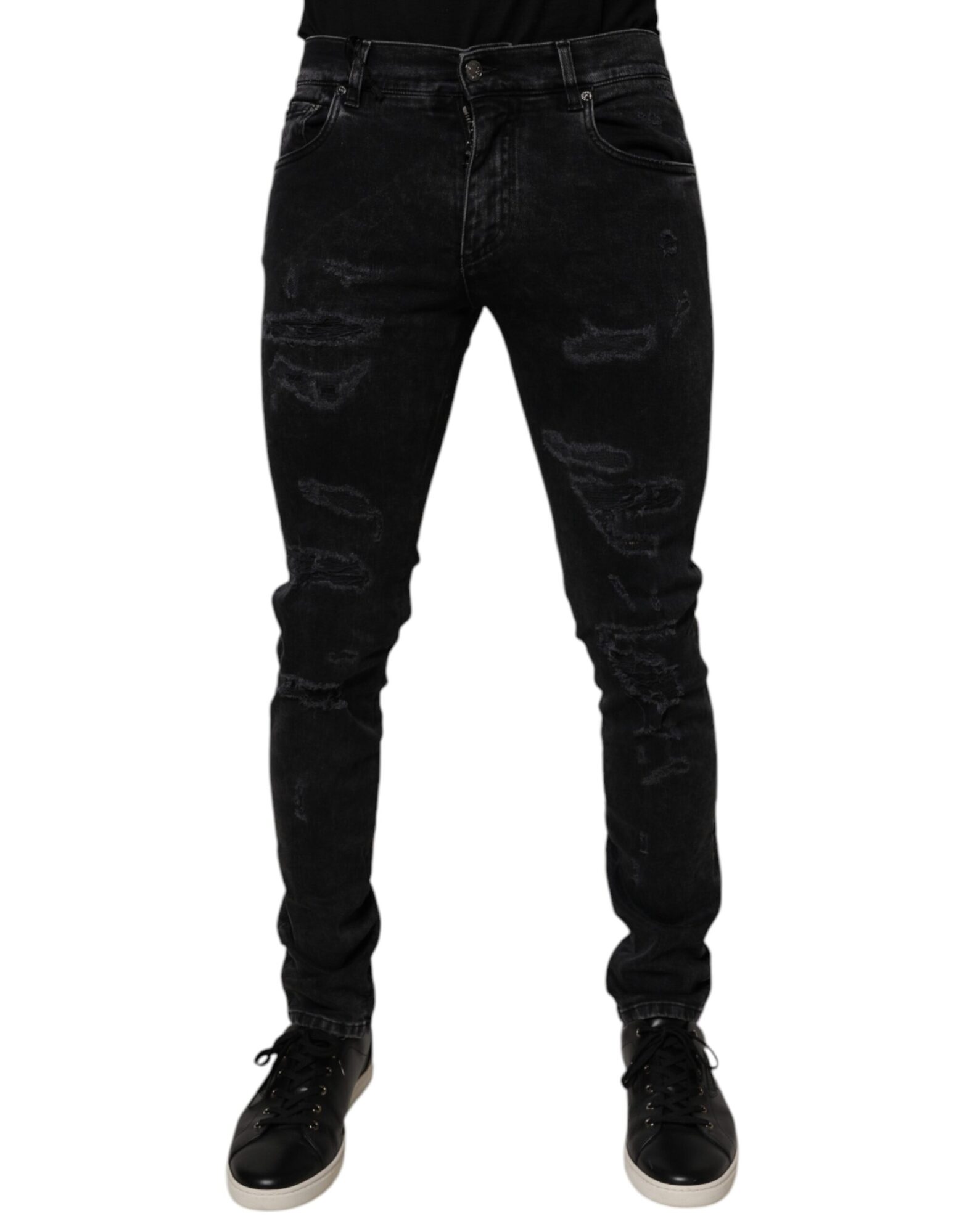 Dolce & Gabbana - Black Tattered Cotton Skinny Men Denim Jeans
