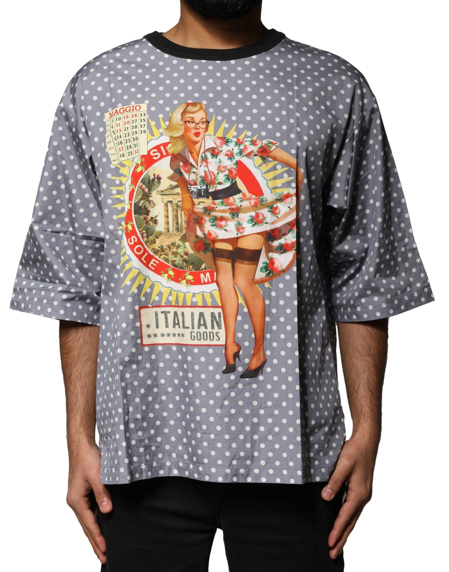Dolce & Gabbana - Gray Polka Dot Pin-Up Print Crew Neck T-shirt
