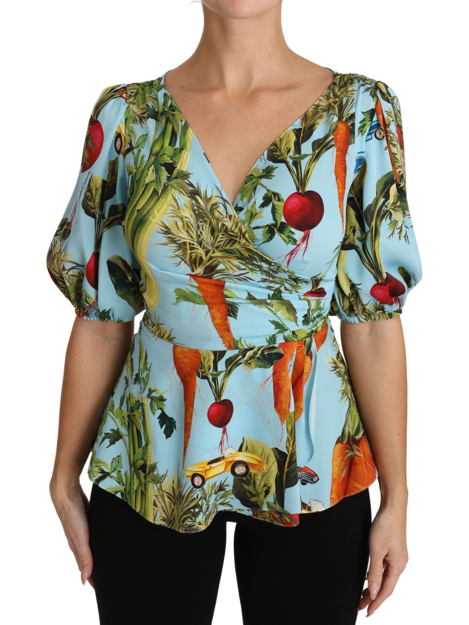 Dolce & Gabbana - Multicolor Vegetable Print Silk Top Peplum Wrap Blouse