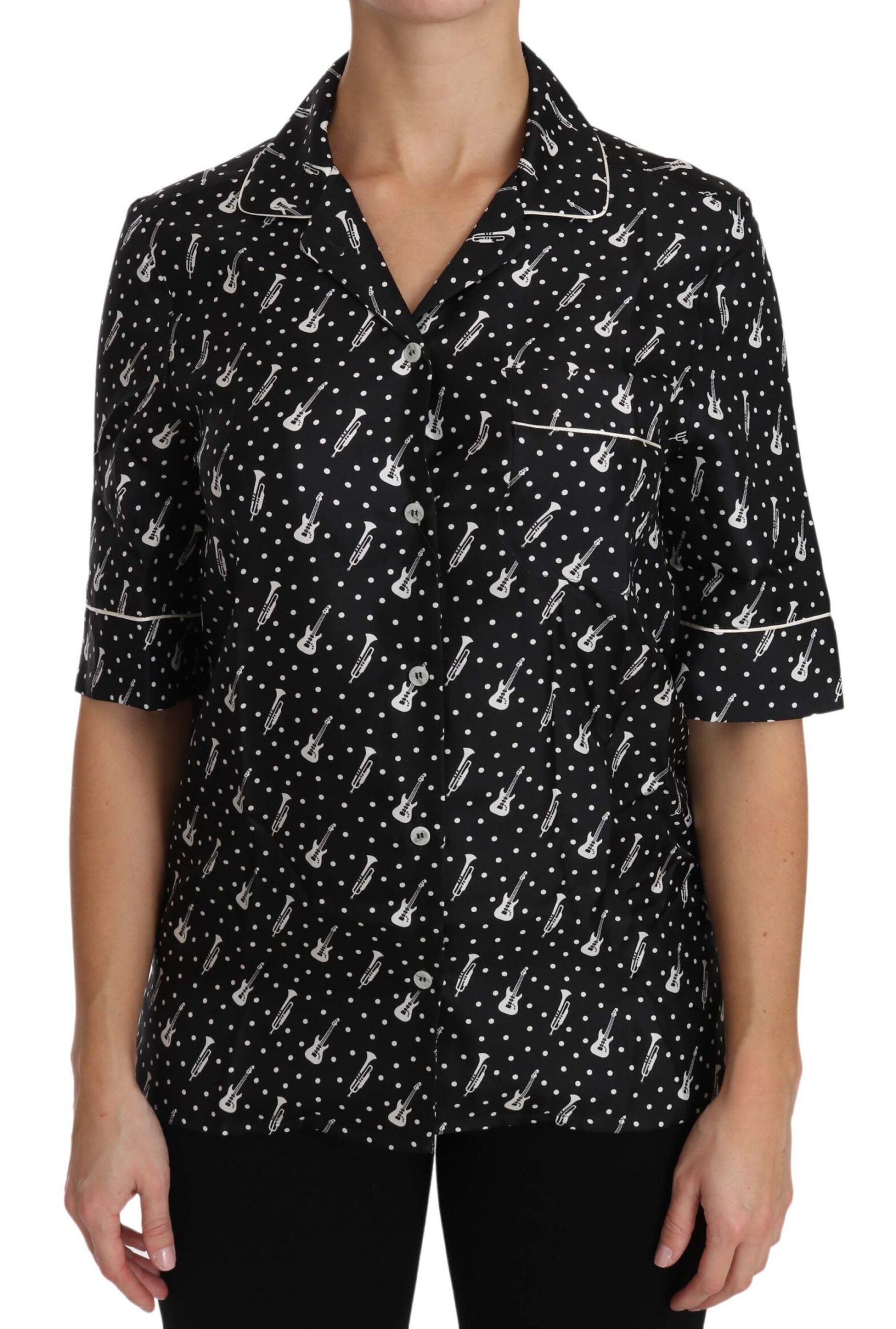 Dolce & Gabbana - Black GuitarTrumpet Print Silk Shirt Top