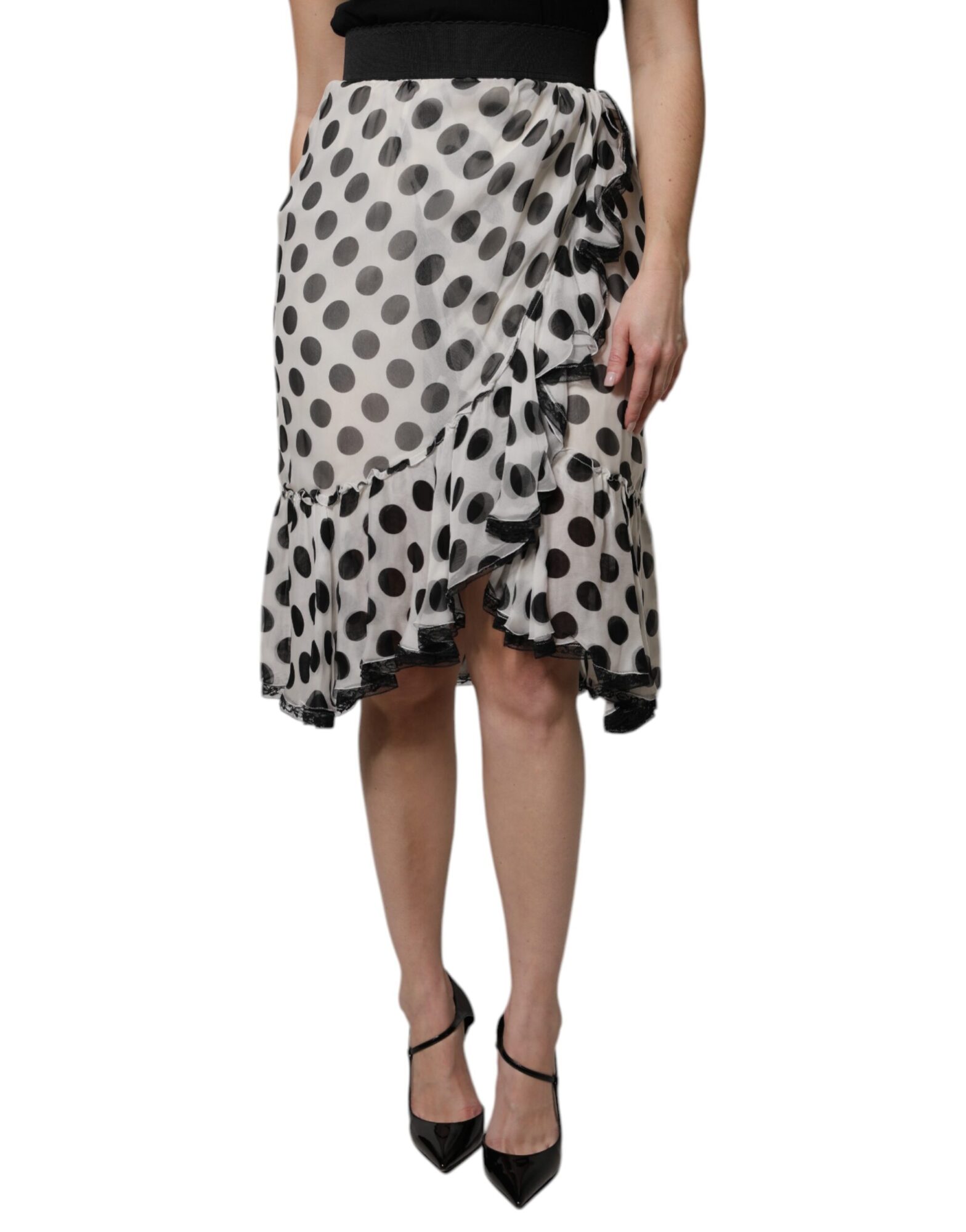 Dolce & Gabbana - White Black Polka Dots Knee Length Skirt