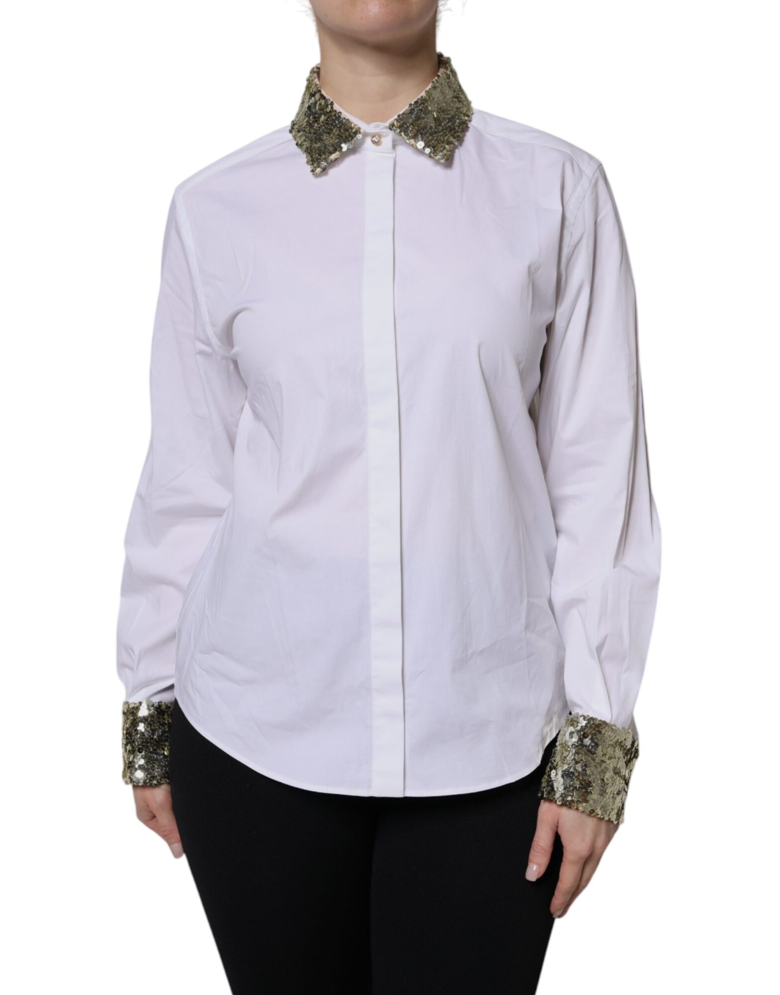 Dolce & Gabbana - White Cotton Long Sleeves Sequin Shirt Top