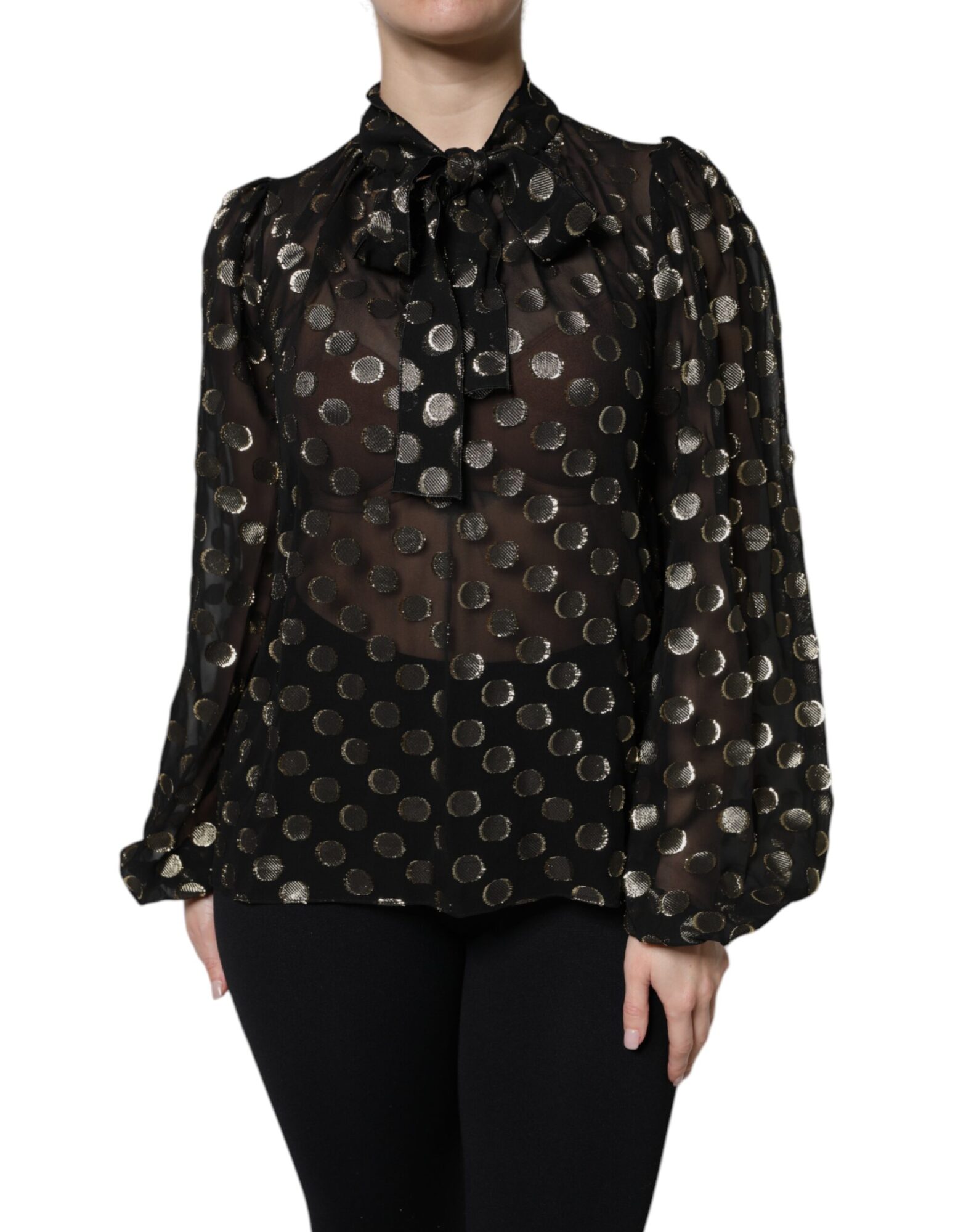 Dolce & Gabbana - Black Sheer Tied Neck Polka Dots Blouse Top