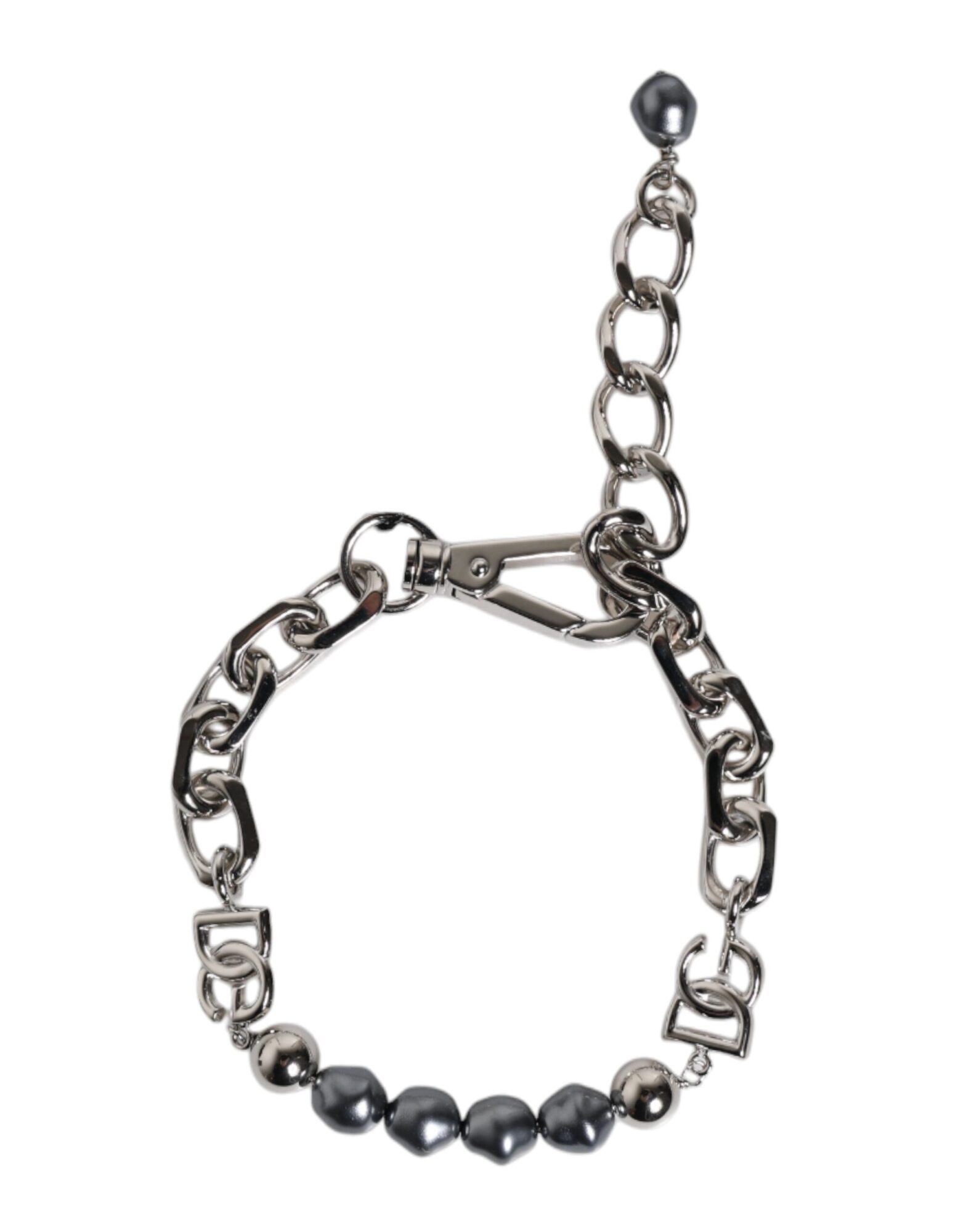 Dolce & Gabbana - Silver Tone Chain Lobster Clasp Logo Gray Pearls Bracelet