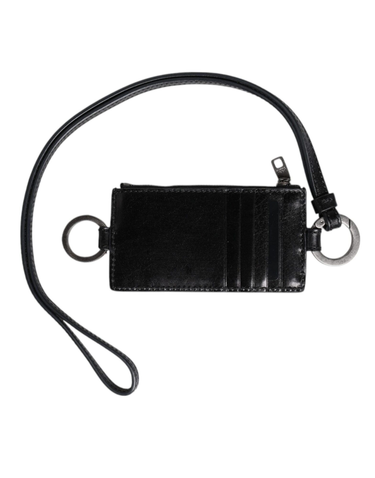 Dolce & Gabbana - Black Leather Logo Embossed Lanyard Card Holder Wallet