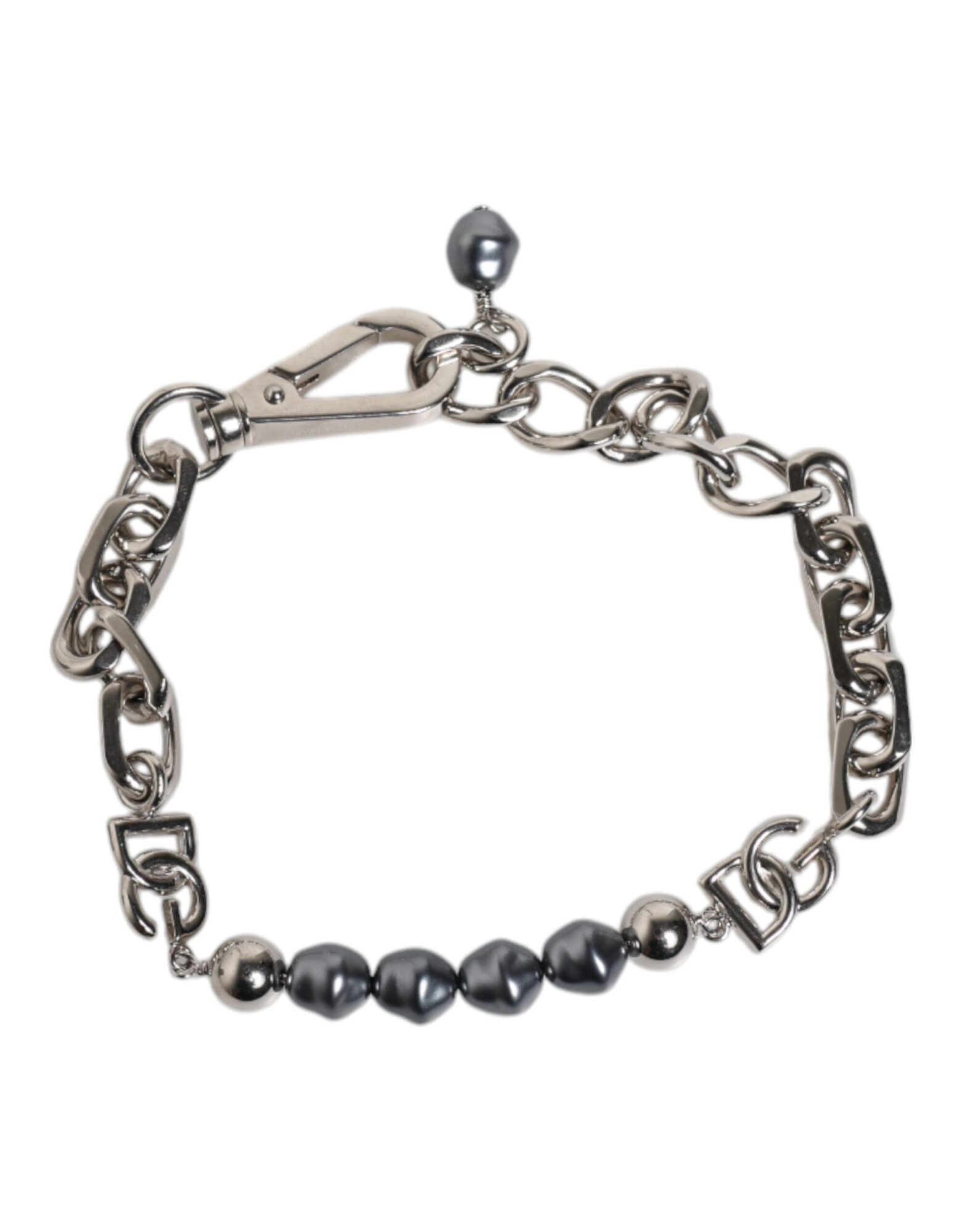 Dolce & Gabbana - Silver Tone Chain Lobster Clasp Logo Gray Pearls Bracelet