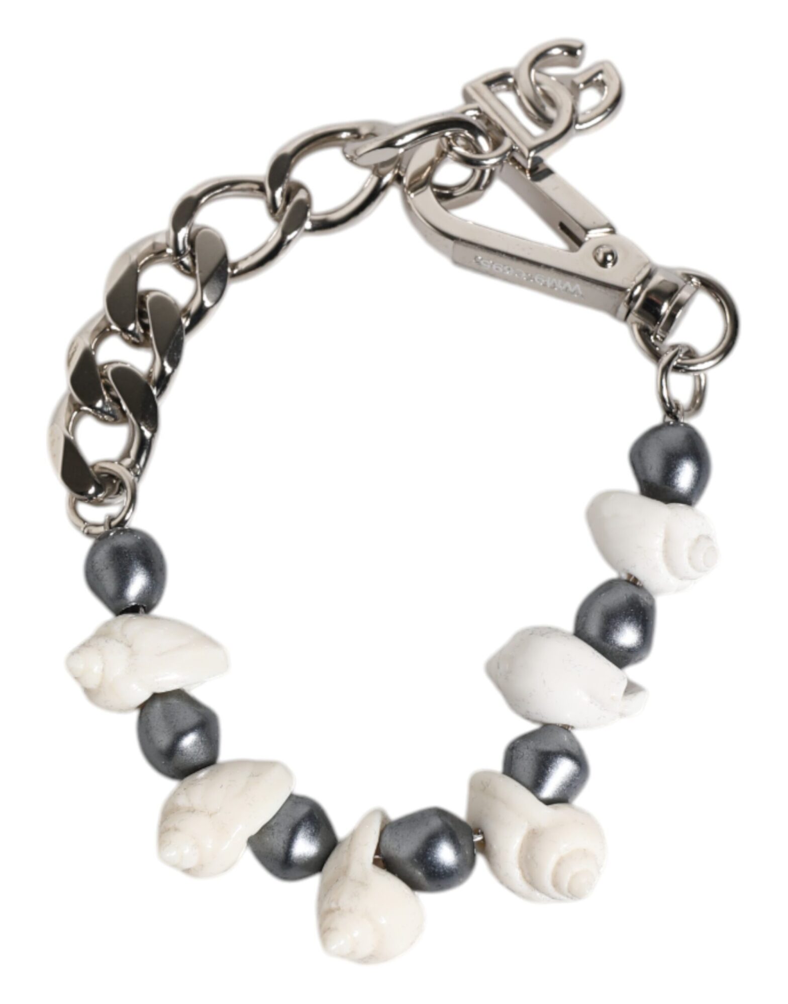 Dolce & Gabbana - Silver Tone Brass Beaded Shell DG Logo Pendant Bracelet
