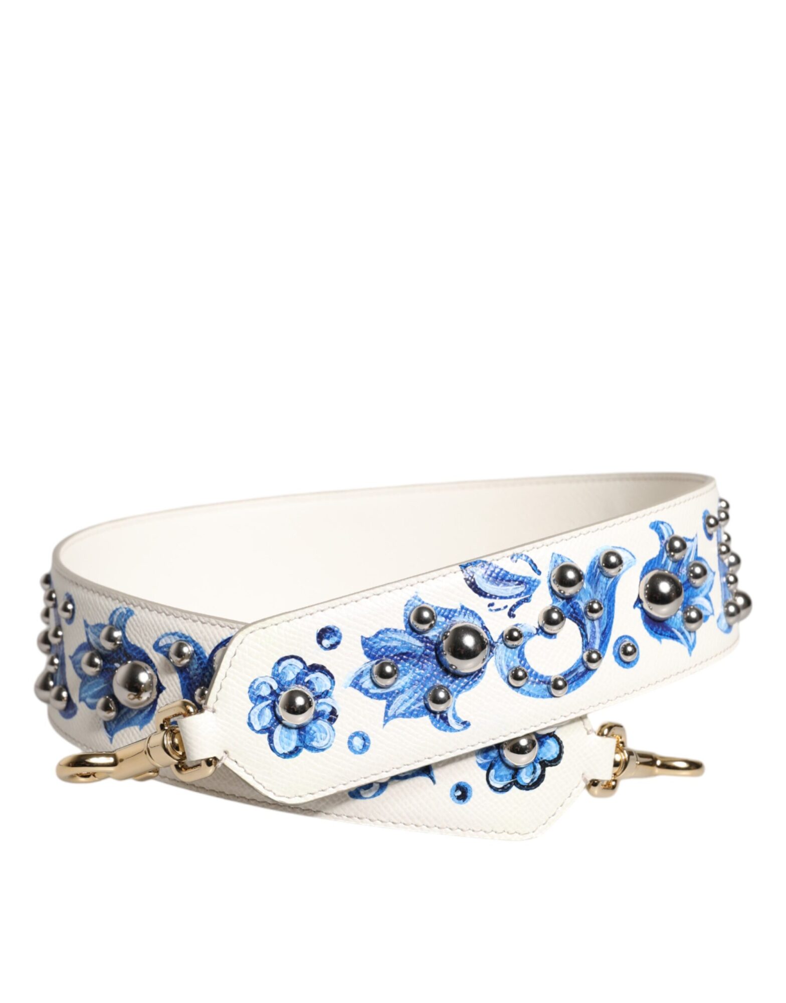 Dolce & Gabbana - White Blue Floral Leather Stud Shoulder Strap
