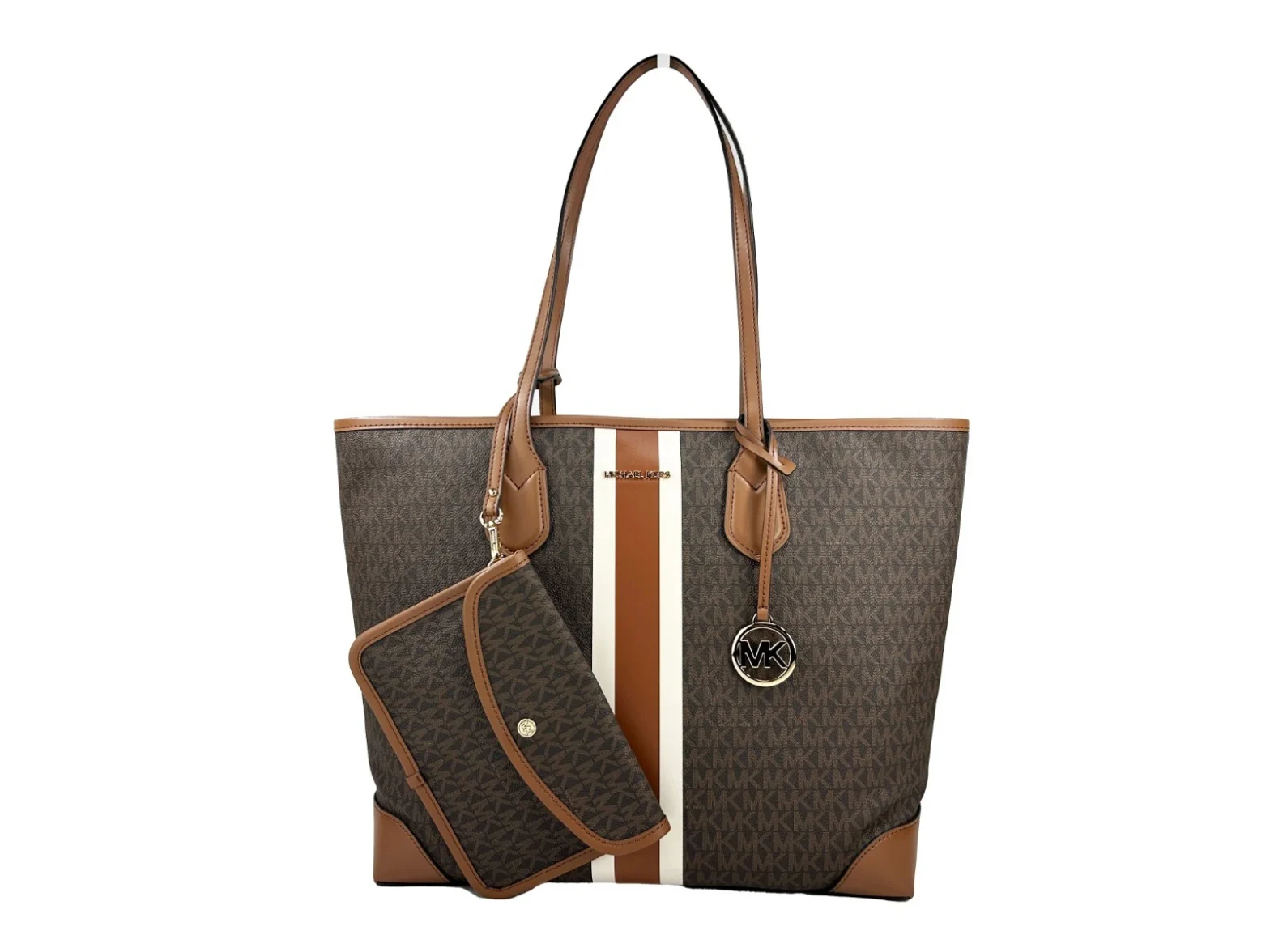 Michael Kors - Eva Large Stripe Travel Tote Bag Plus Pouch Brown