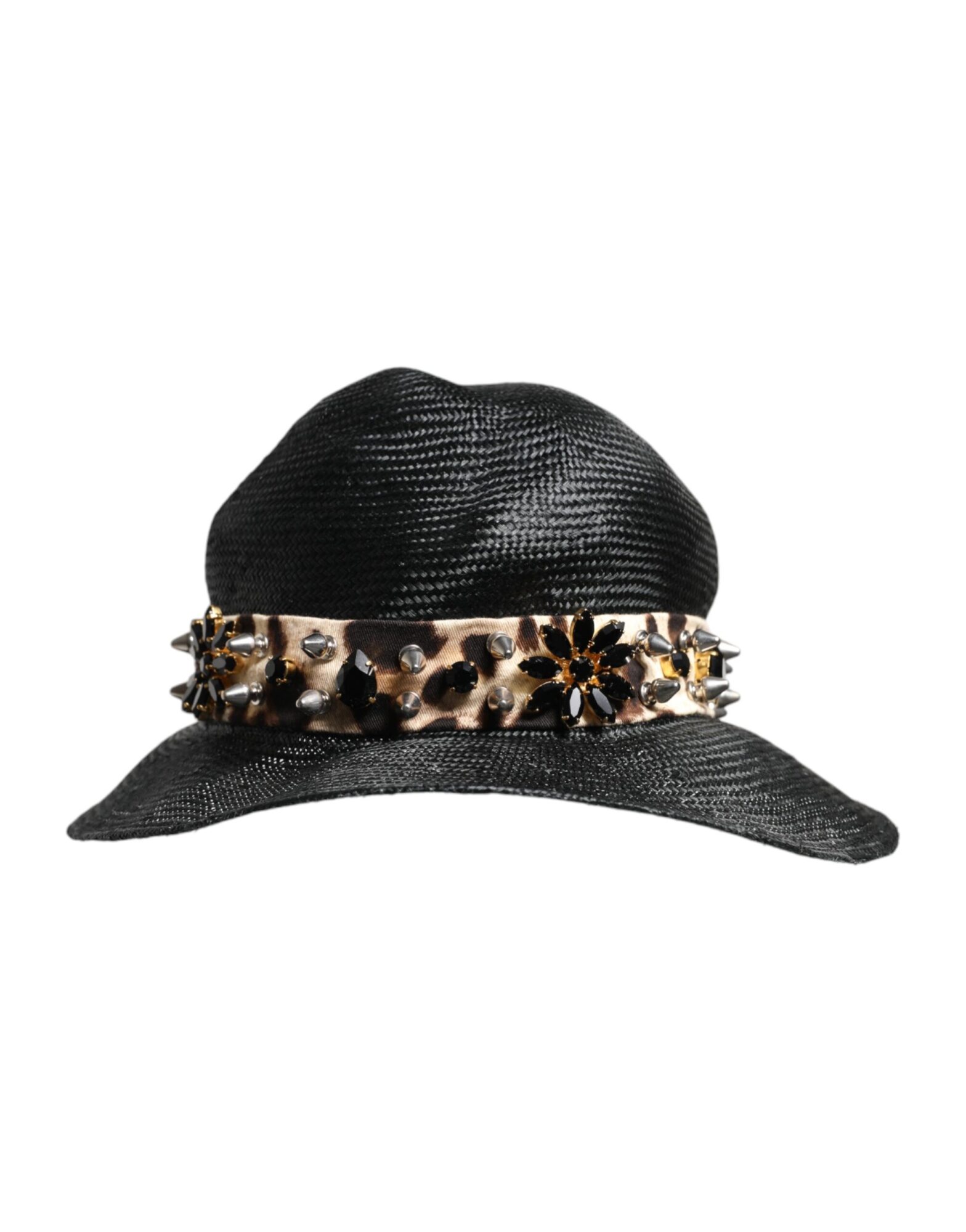 Dolce & Gabbana - Black Straw Crystal Embellished Wide Brim Hat