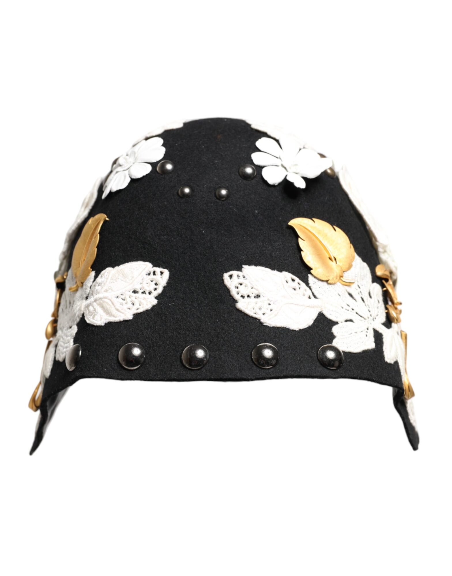 Dolce & Gabbana - Black Wool White Floral Gold Leaf Cloche Hat
