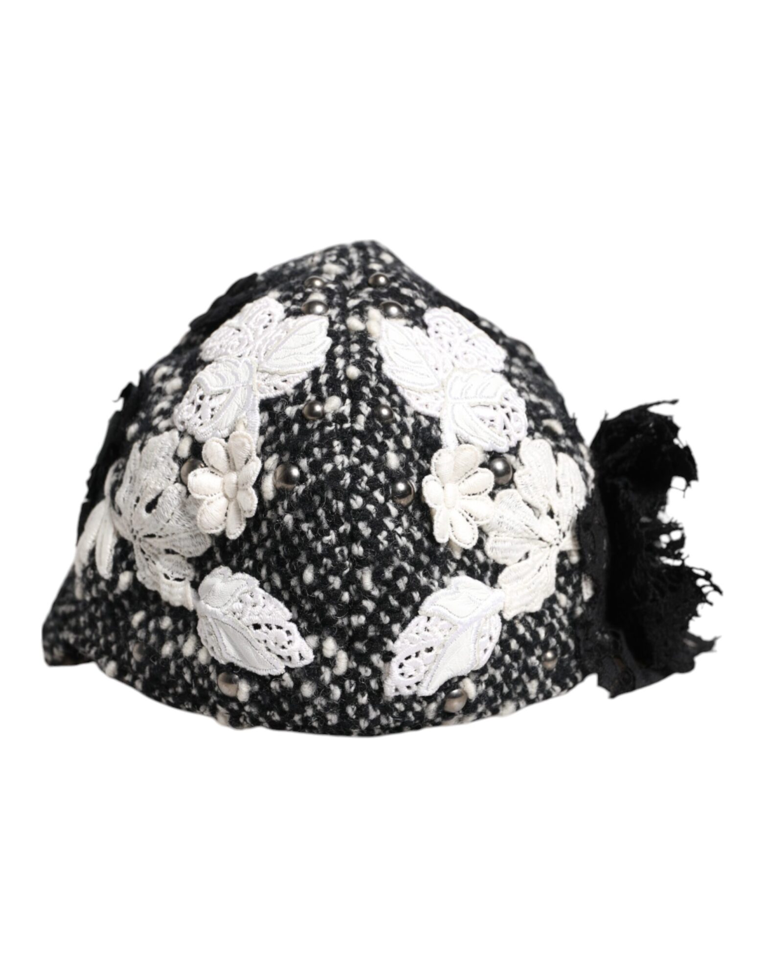 Dolce & Gabbana - Black Wool White Floral Embellished Cloche Hat