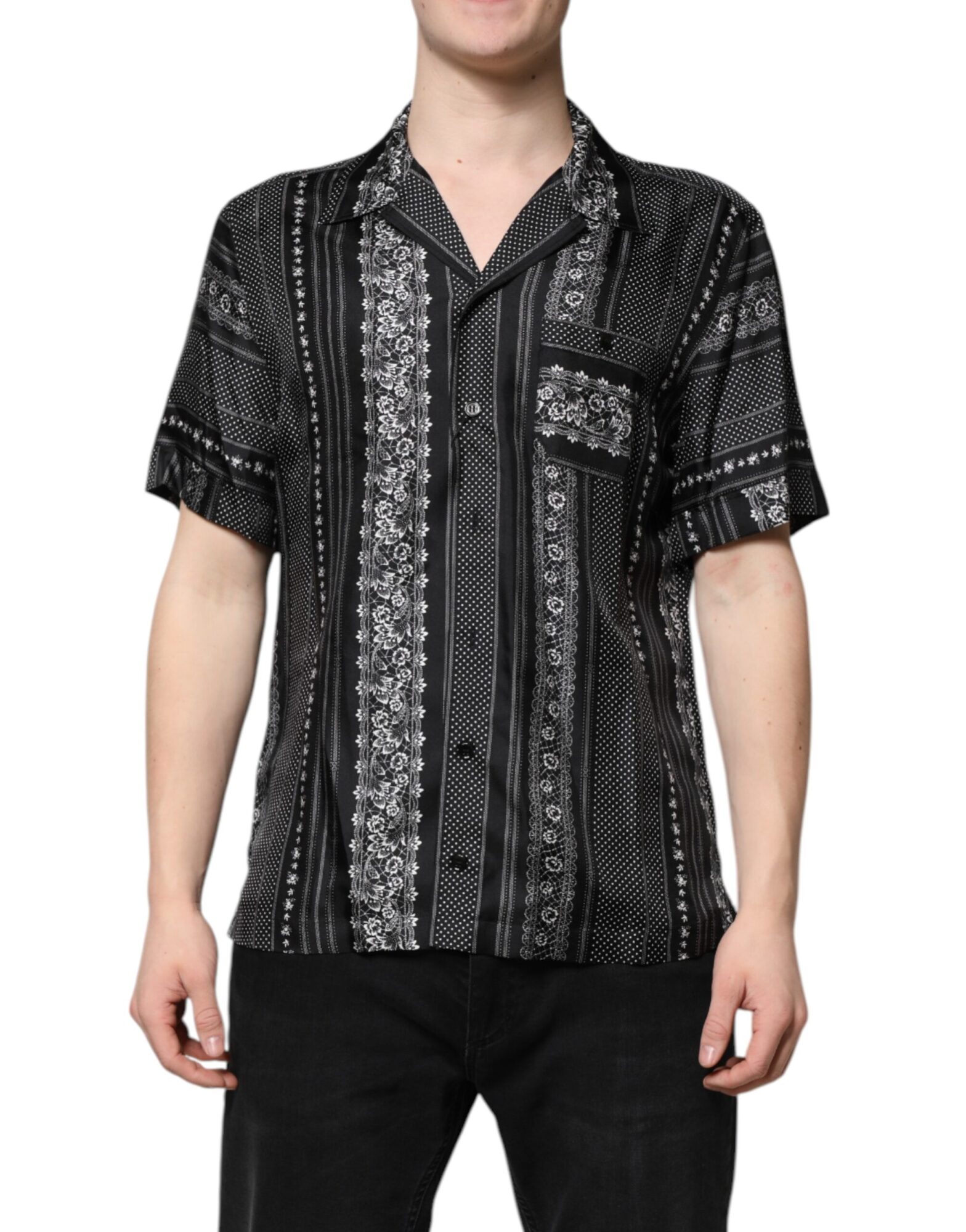 Dolce & Gabbana - Black Silk Floral Print Short Sleeves Shirt